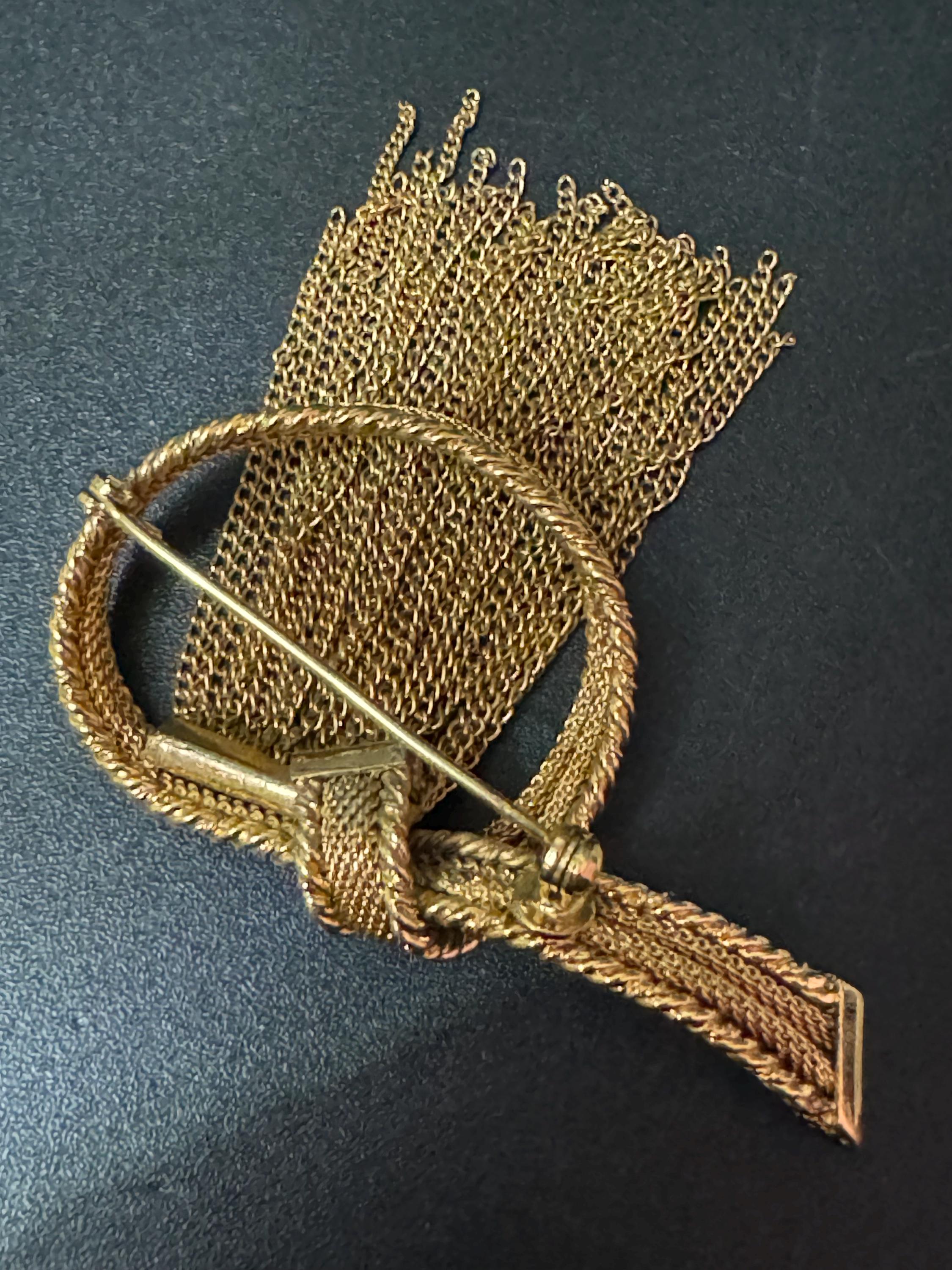 vintage gold tone chain mesh tassel brooch 1960s 1950s modernist mid century