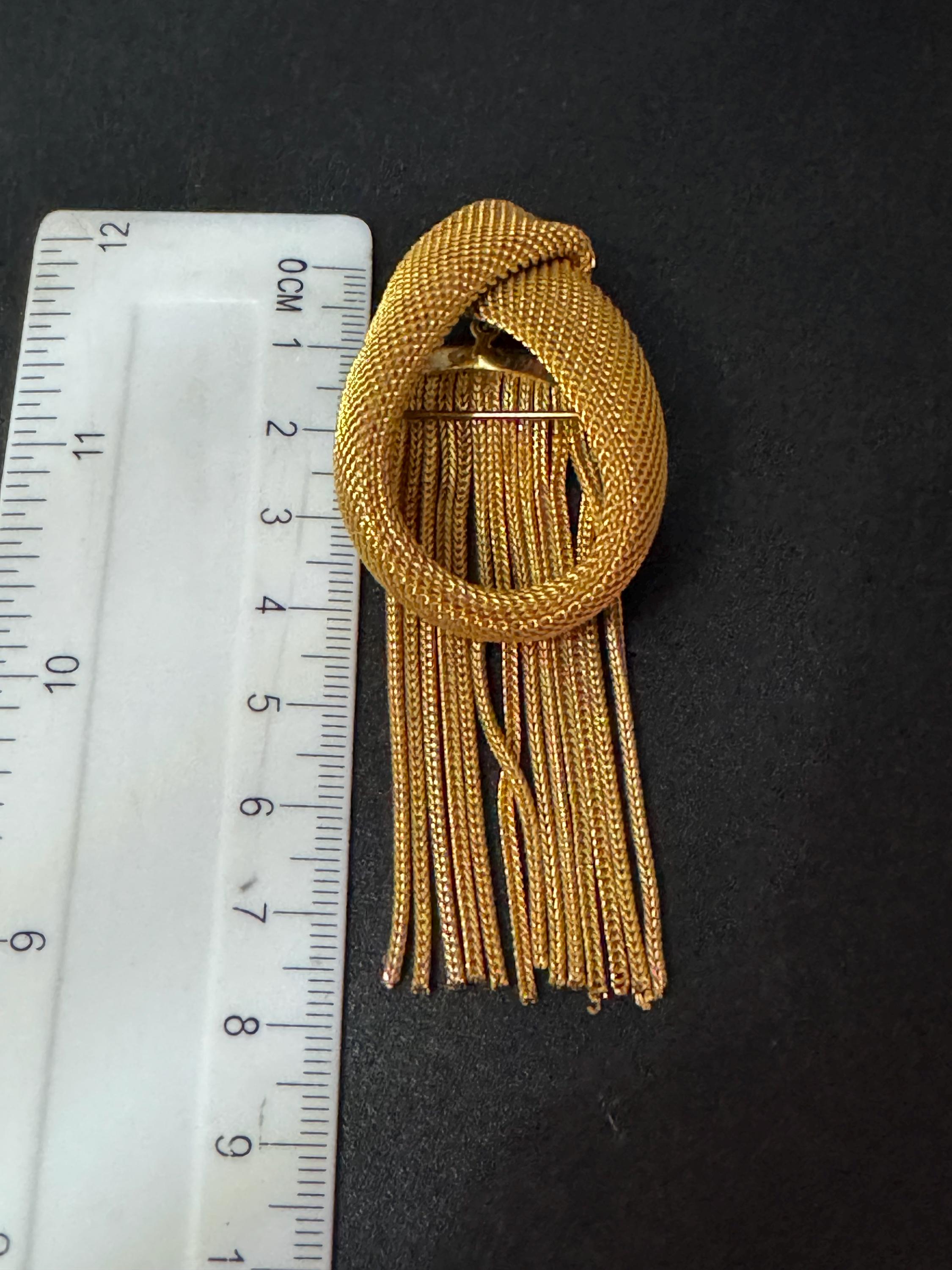 vintage gold tone chain mesh tassel brooch 1960s 1950s modernist mid century