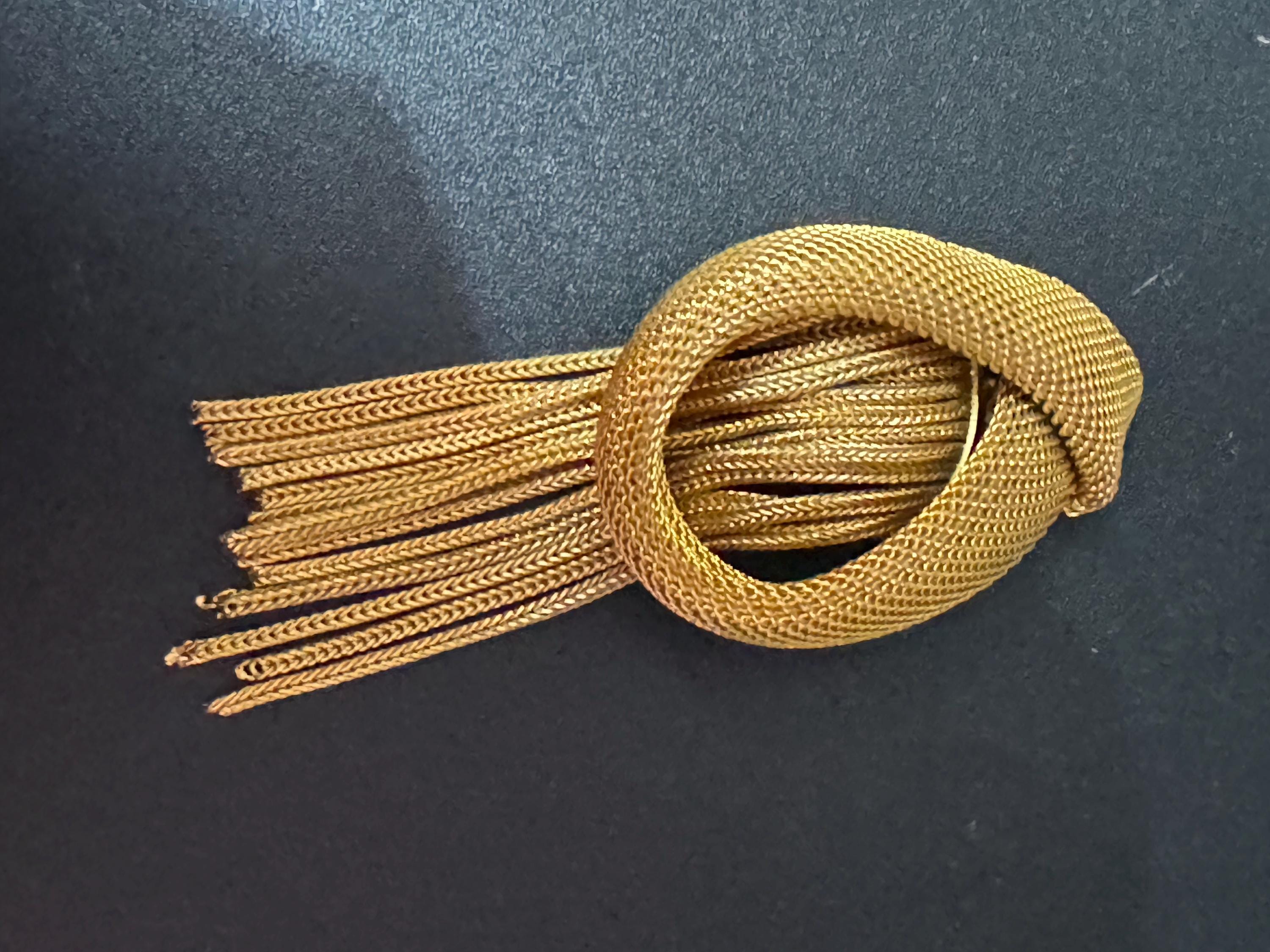 vintage gold tone chain mesh tassel brooch 1960s 1950s modernist mid century