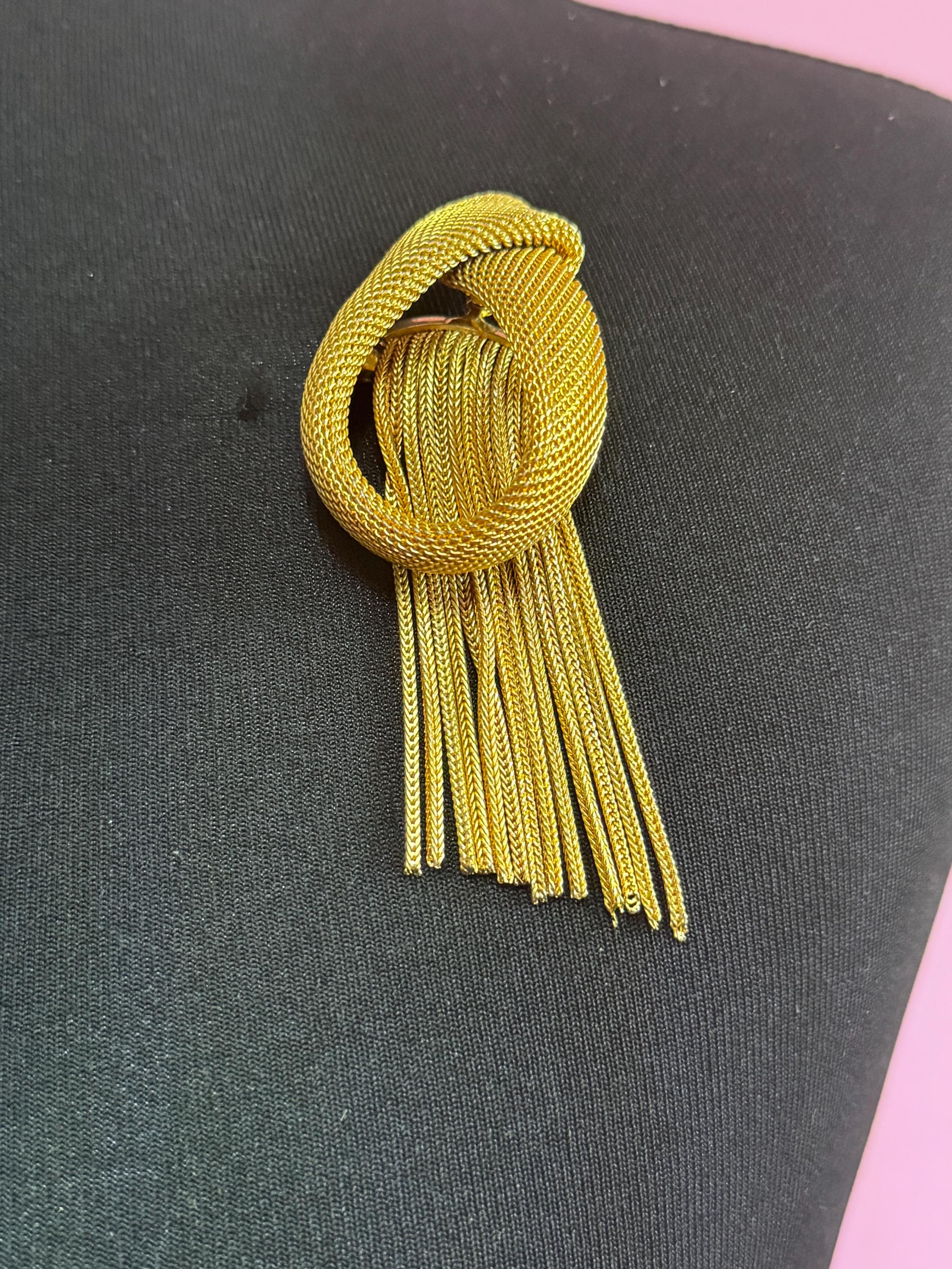 vintage gold tone chain mesh tassel brooch 1960s 1950s modernist mid century