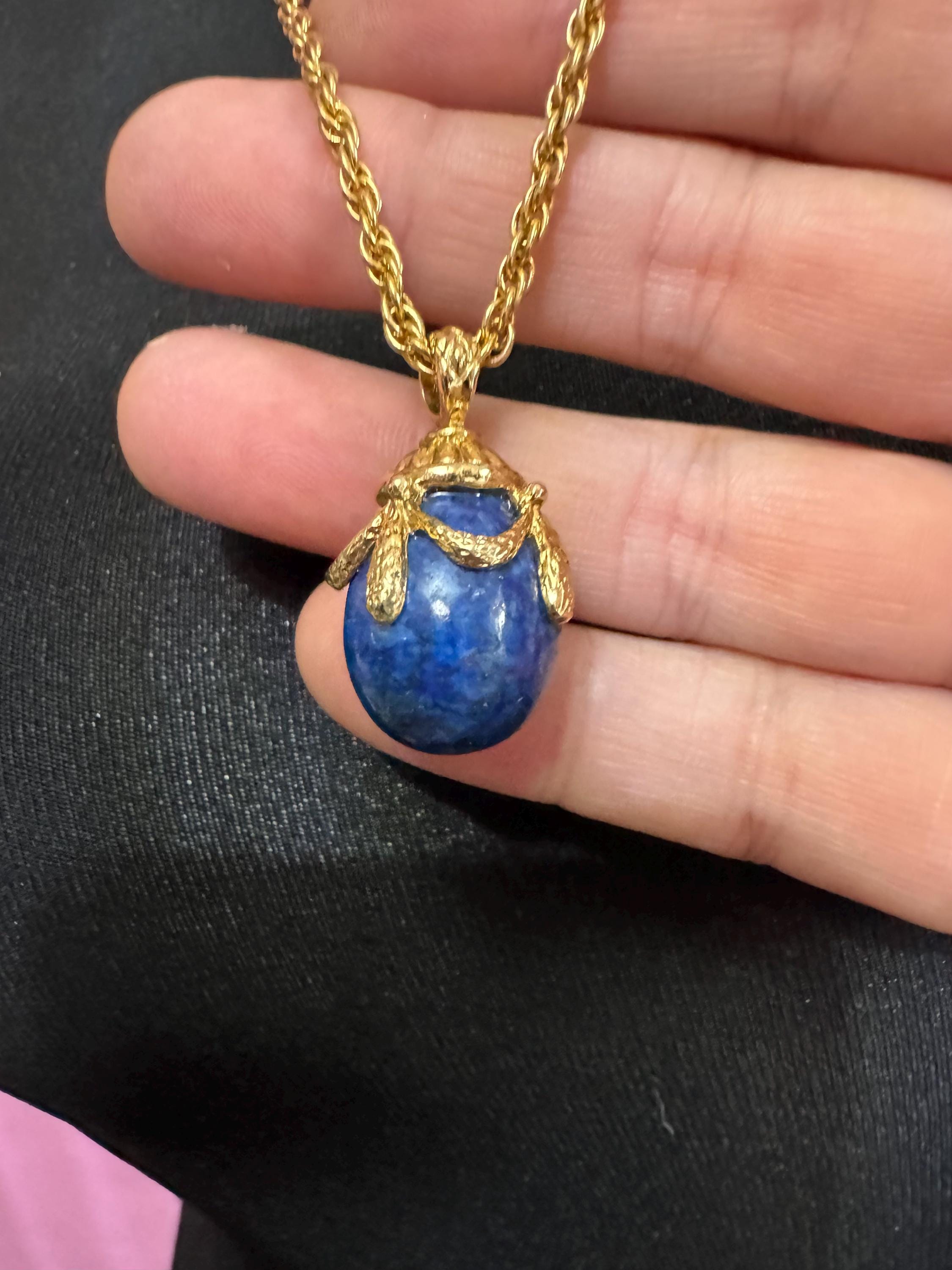 Joan Rivers Faberge inspired blue lapis lazuli egg pendant necklace 72cm