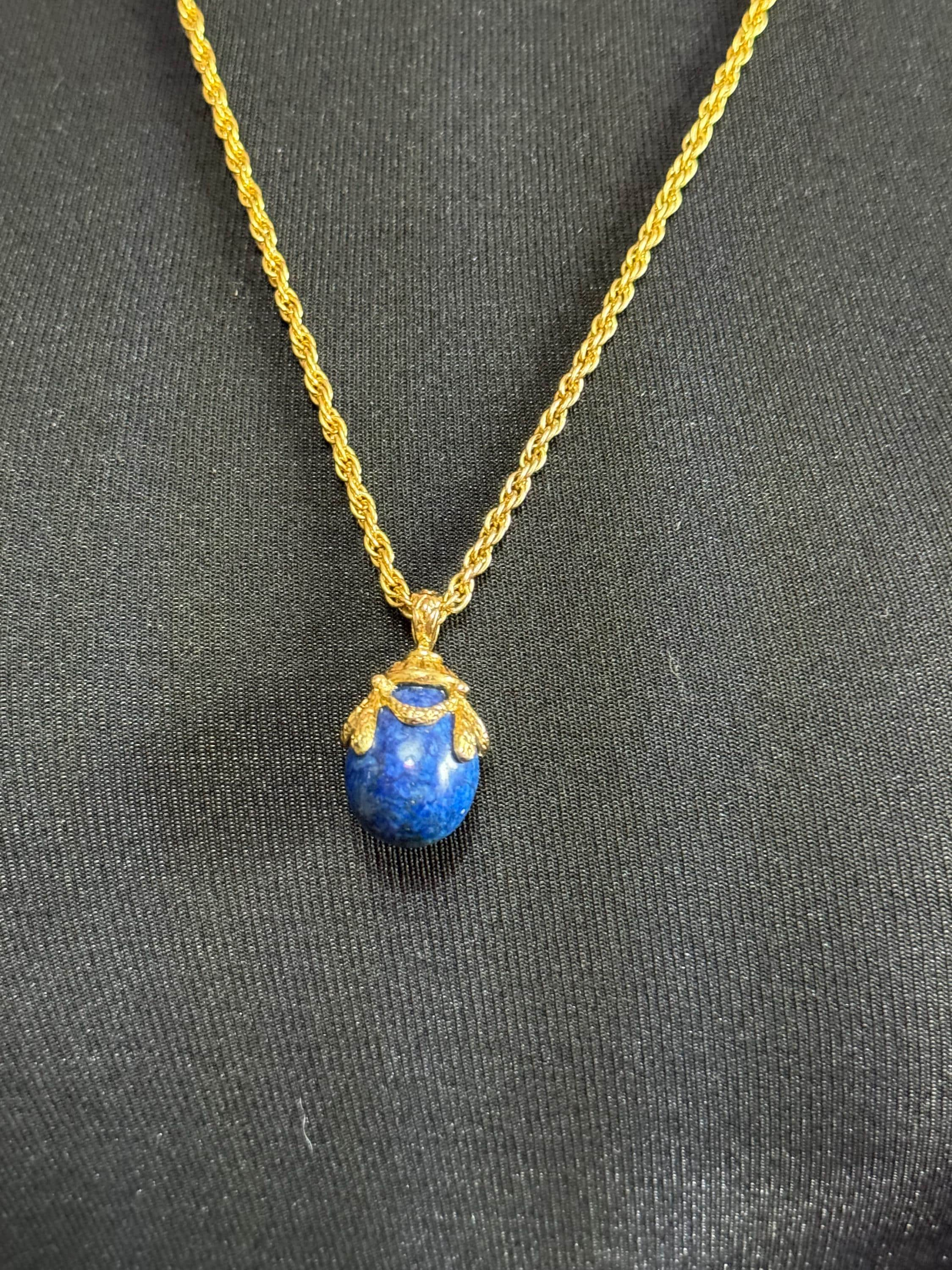 Joan Rivers Faberge inspired blue lapis lazuli egg pendant necklace 72cm