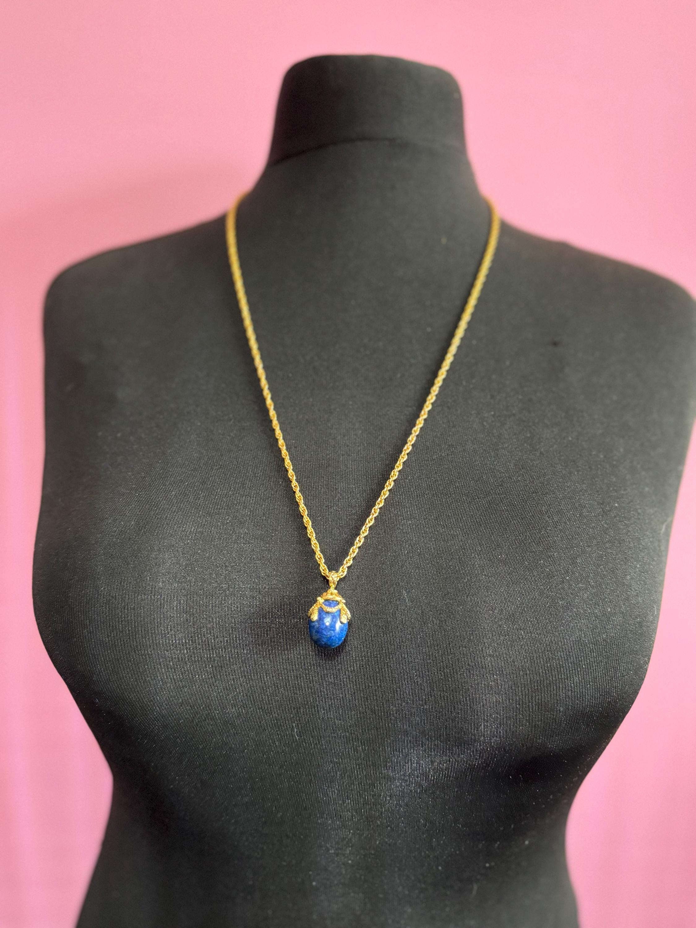 Joan Rivers Faberge inspired blue lapis lazuli egg pendant necklace 72cm