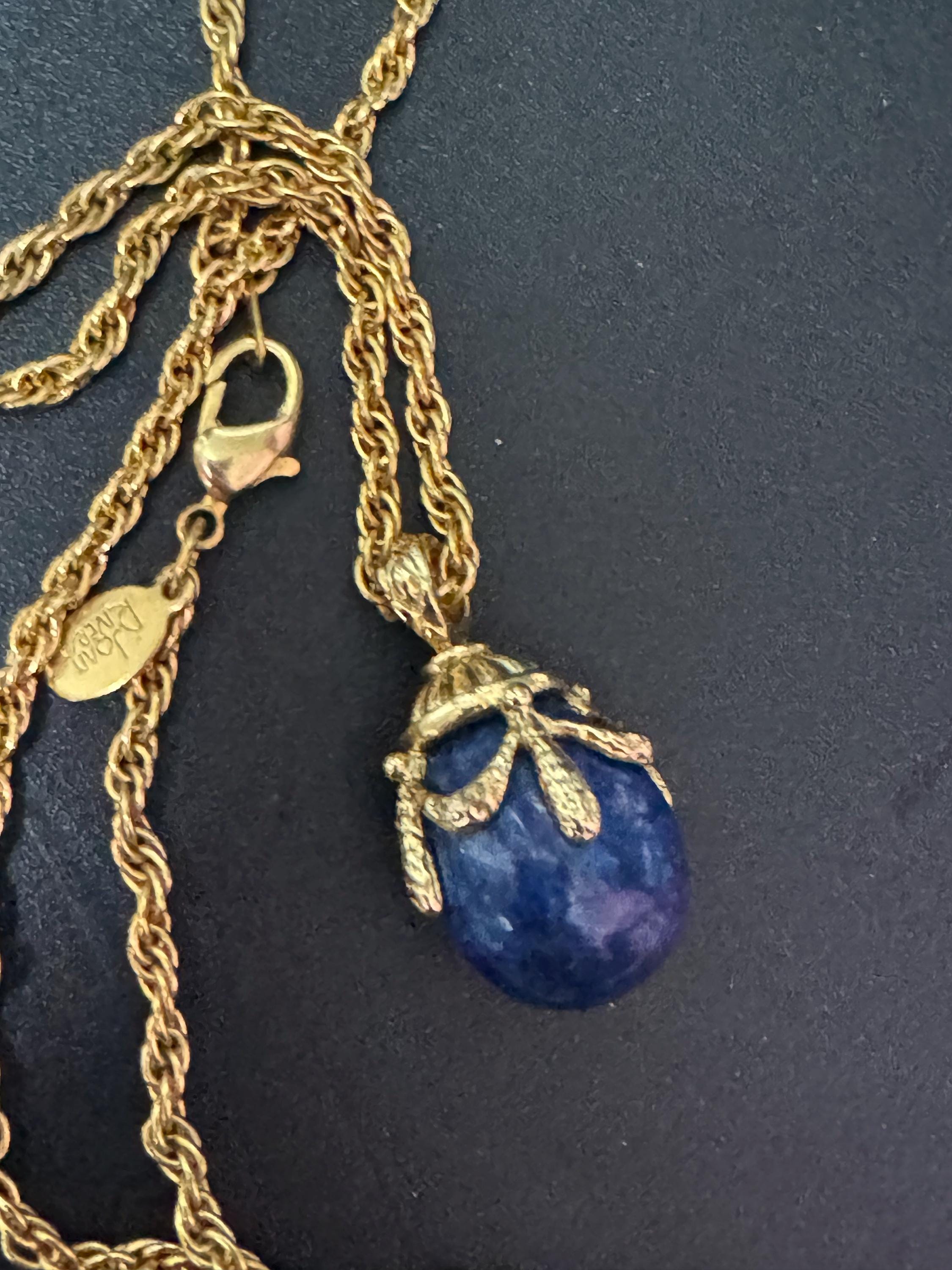 Joan Rivers Faberge inspired blue lapis lazuli egg pendant necklace 72cm