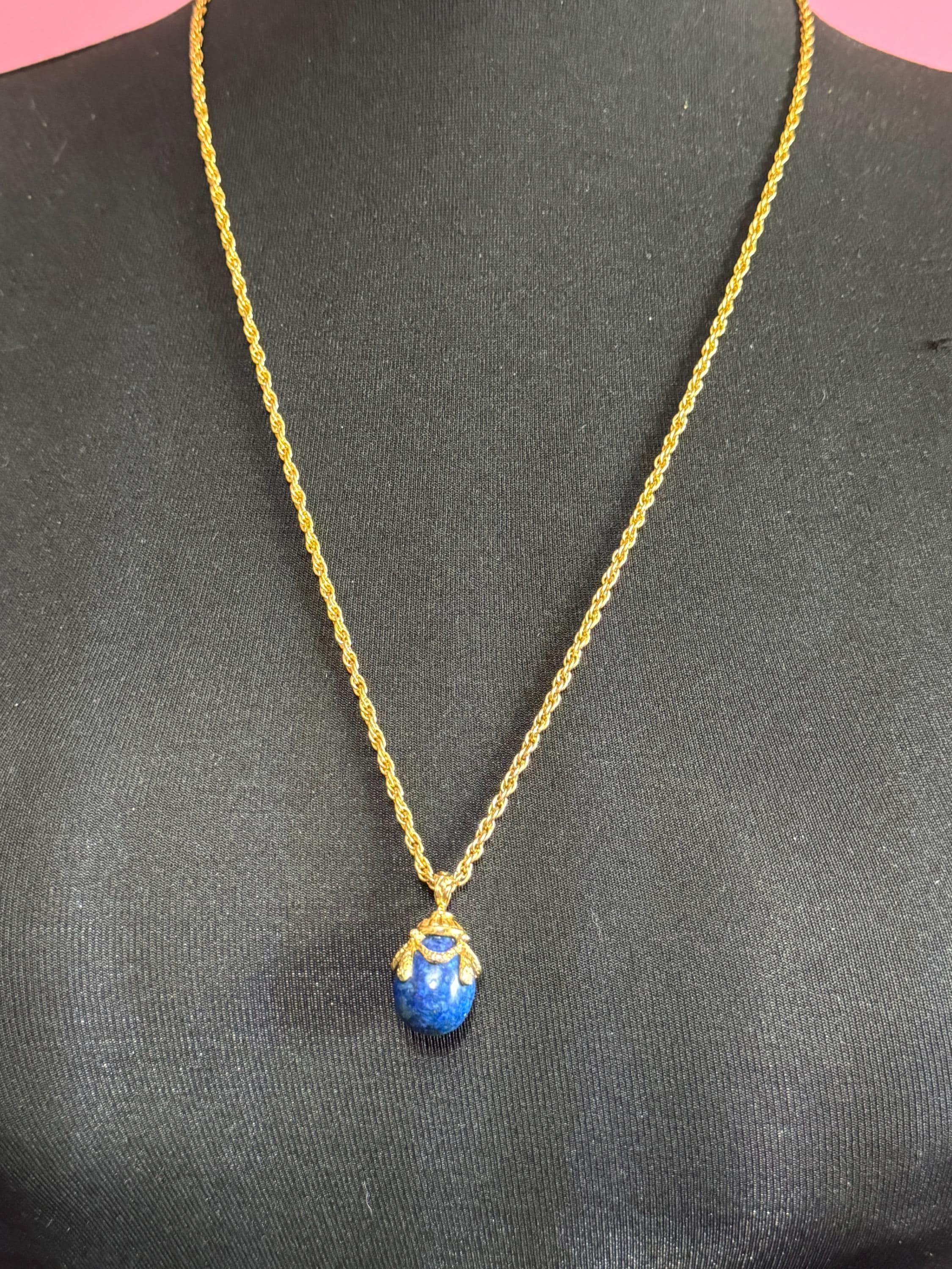 Joan Rivers Faberge inspired blue lapis lazuli egg pendant necklace 72cm