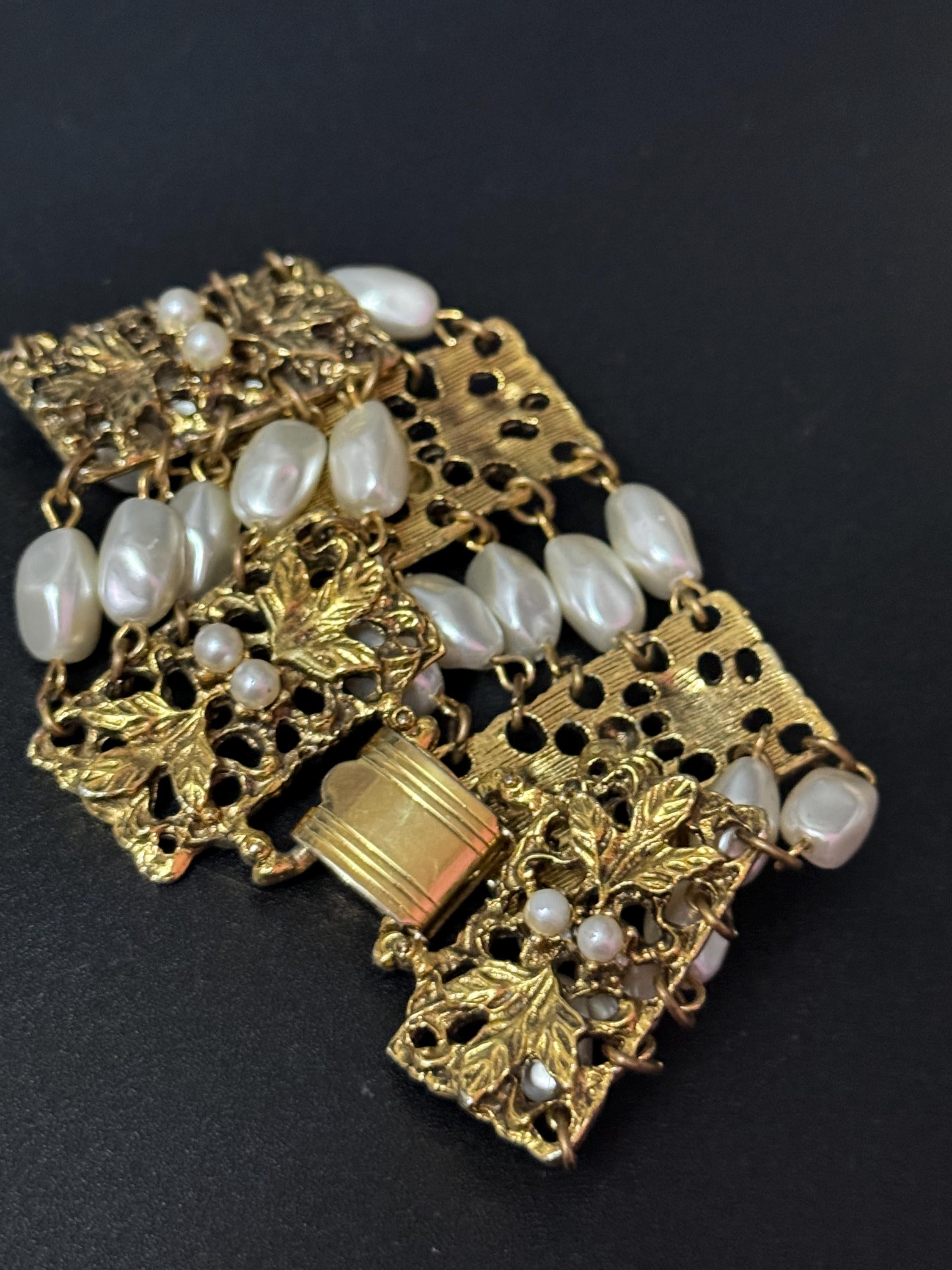 Signed Celebrity Vintage wide gold tone ornate faux pearl chain link modernist bracelet 1970s 1960s statement mid century