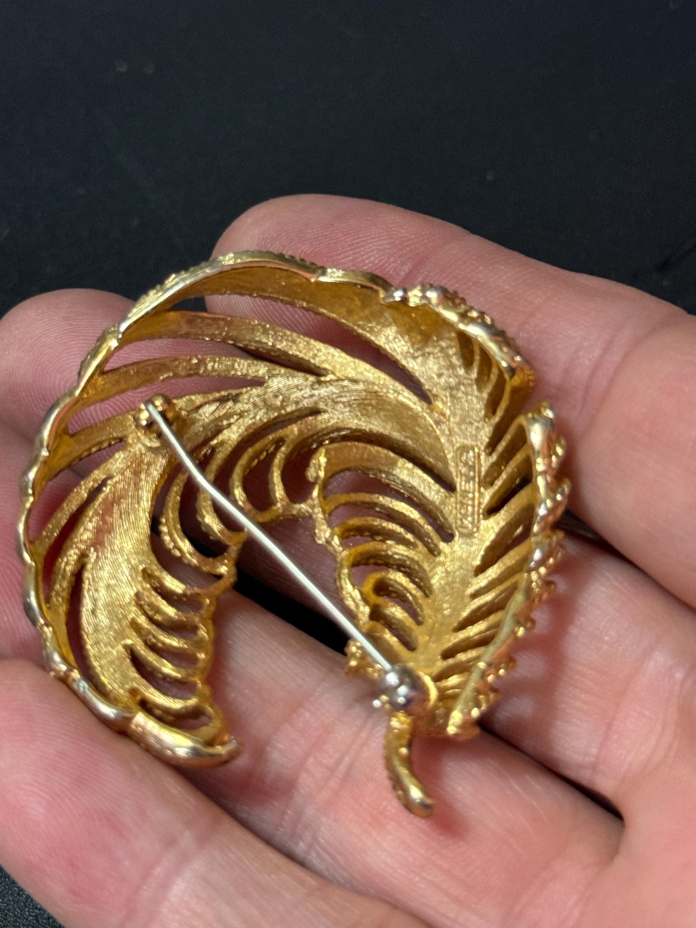 Signed MONET large gold tone abstract modernist leaf brooch