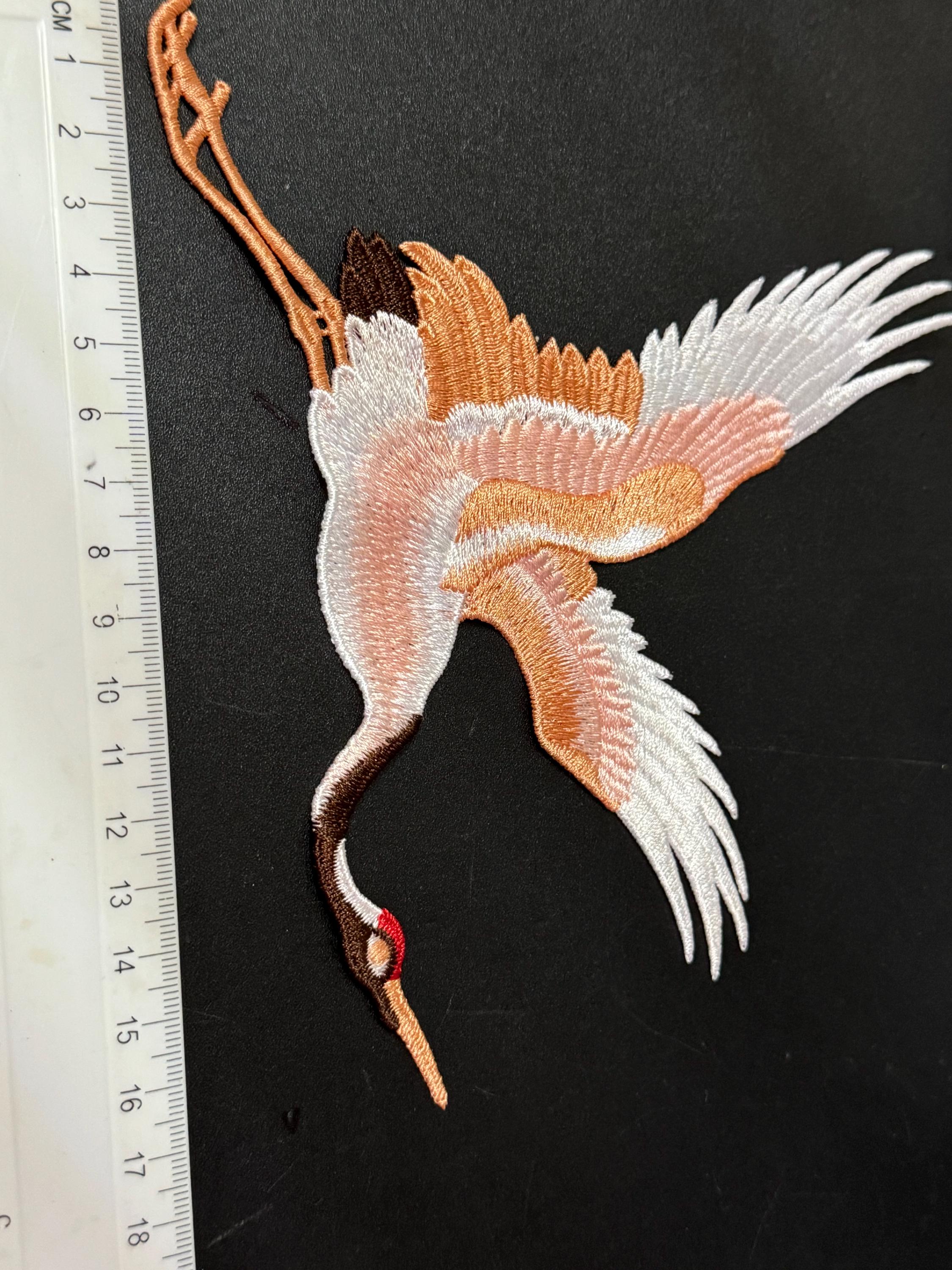 Large Japanese flying crane bird sew on appliqué patch 18cm brown gold