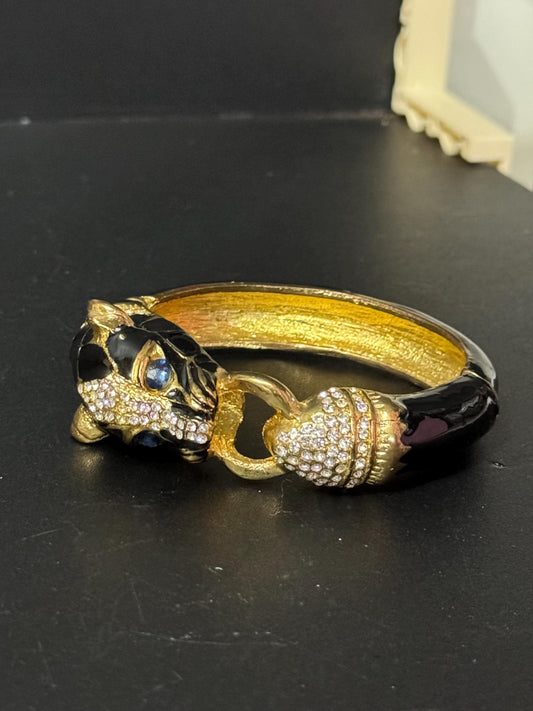 Black enamel BIG CAT diamanté clamper bangle hinged bracelet tiger panther gold tone sapphire eyes