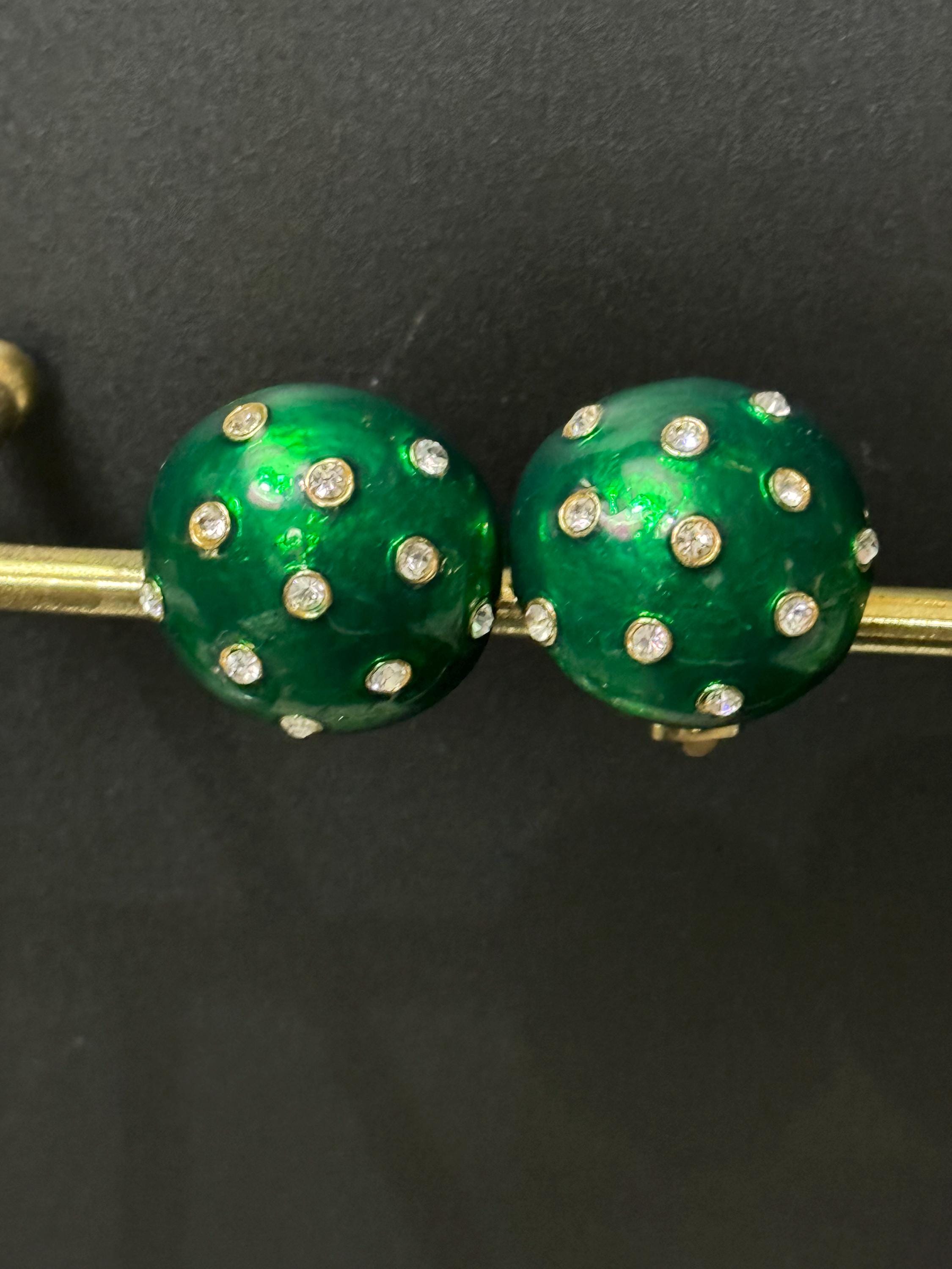 signed Ciro Green enamel gold tone domed round diamanté clip on earrings