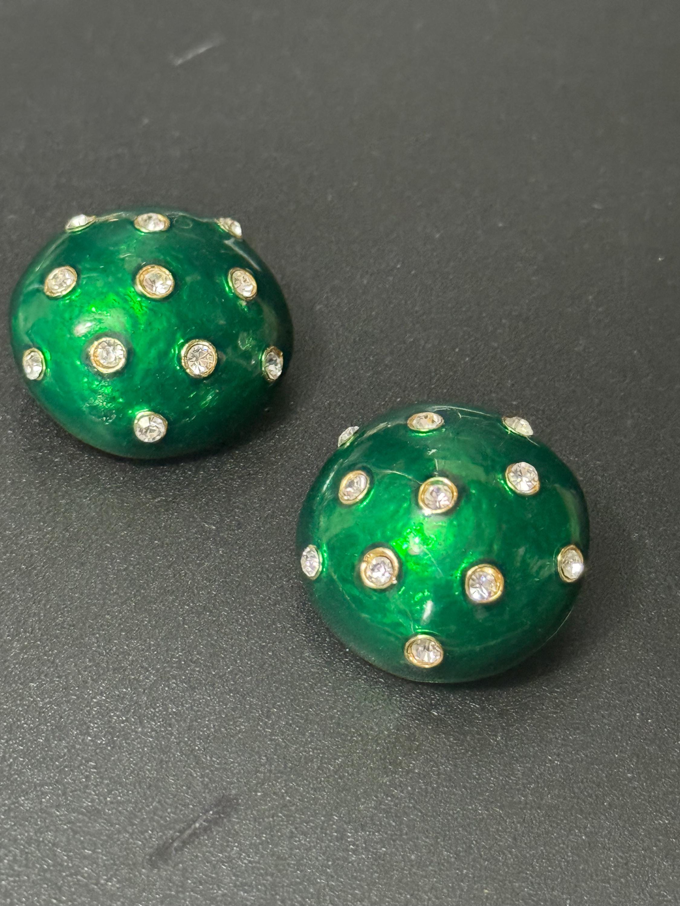 signed Ciro Green enamel gold tone domed round diamanté clip on earrings