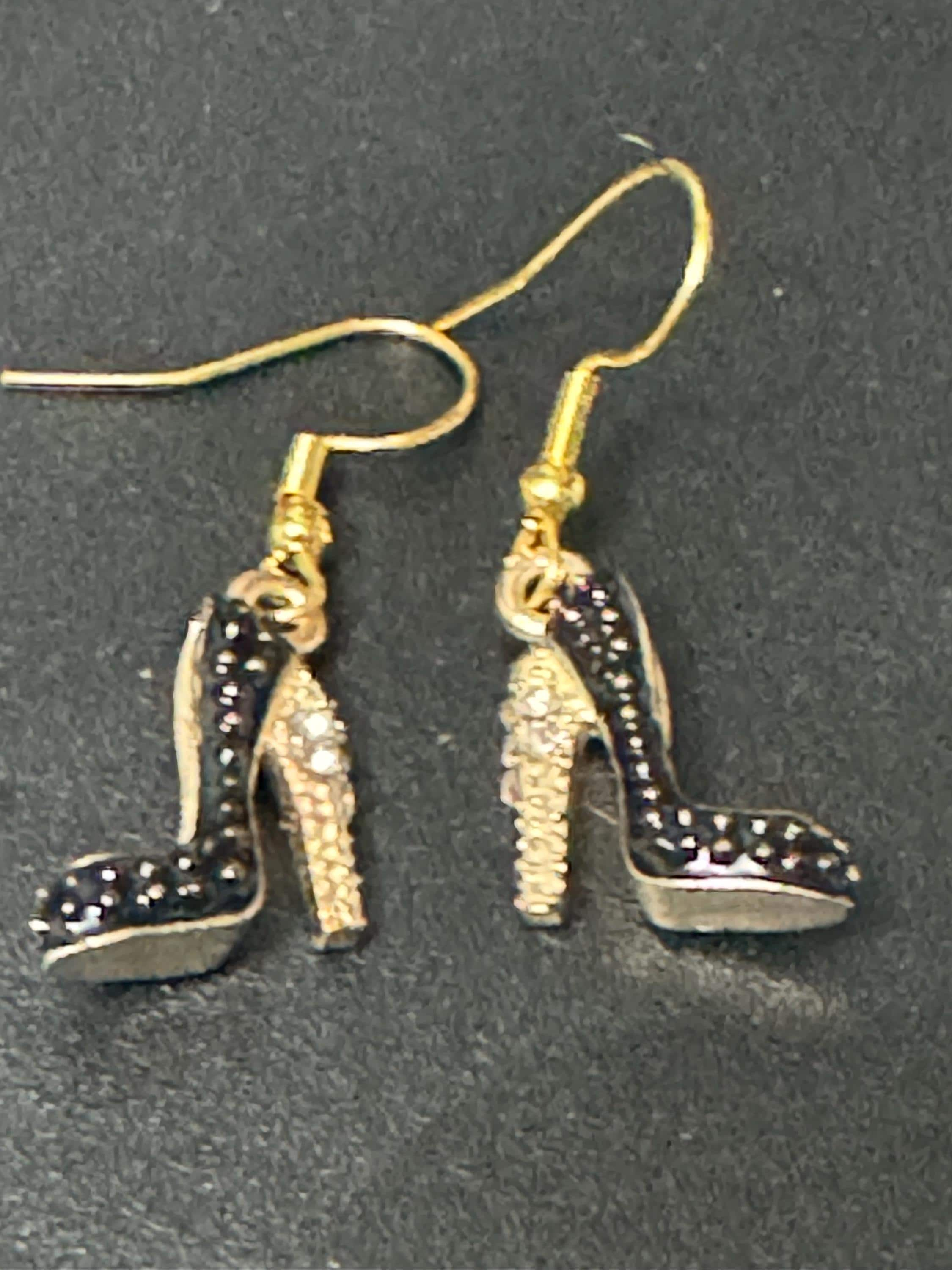 gold and BLACK enamel diamanté stiletto high heel shoe drop earrings pair