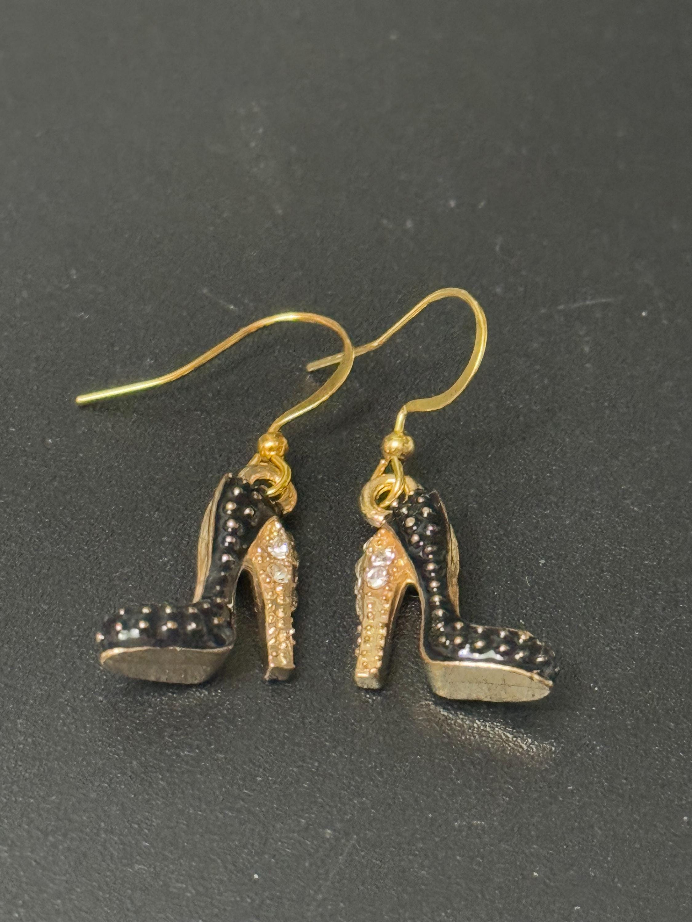 gold and BLACK enamel diamanté stiletto high heel shoe drop earrings pair