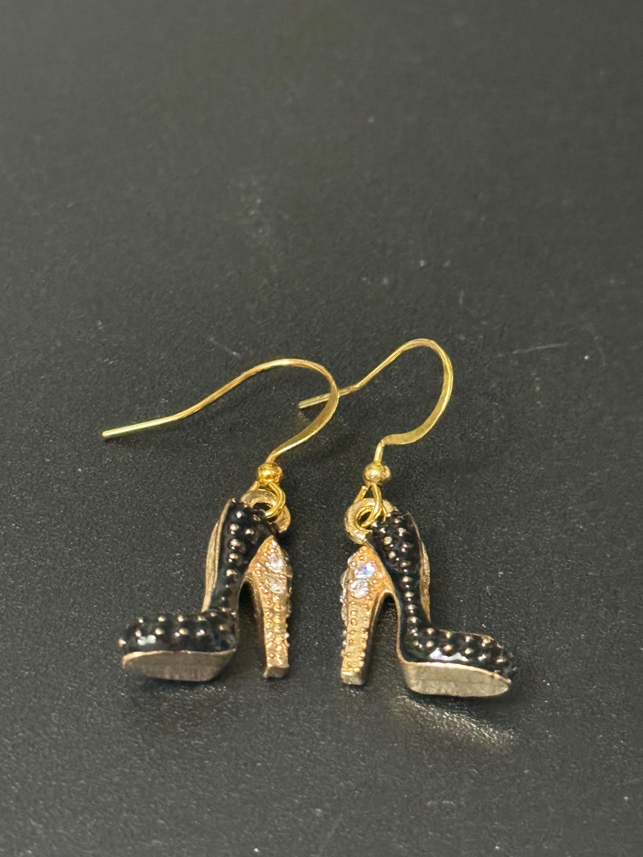 gold and BLACK enamel diamanté stiletto high heel shoe drop earrings pair