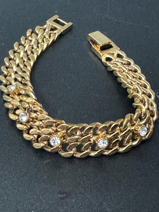 Retro gold Tone chunky curb link chain bracelet with clear crystal diamanté