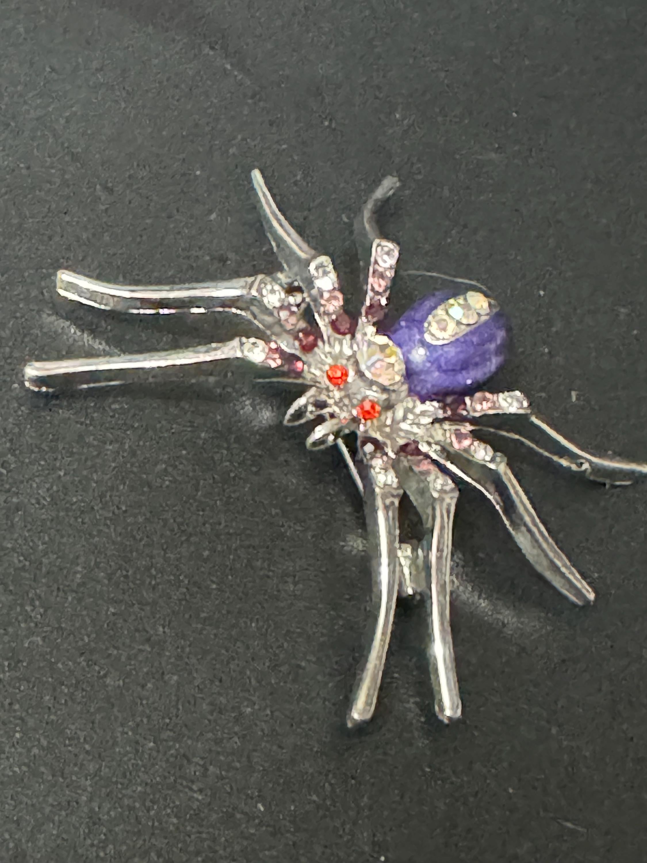 vintage silver tone spider brooch set with AB  diamanté rhinestones