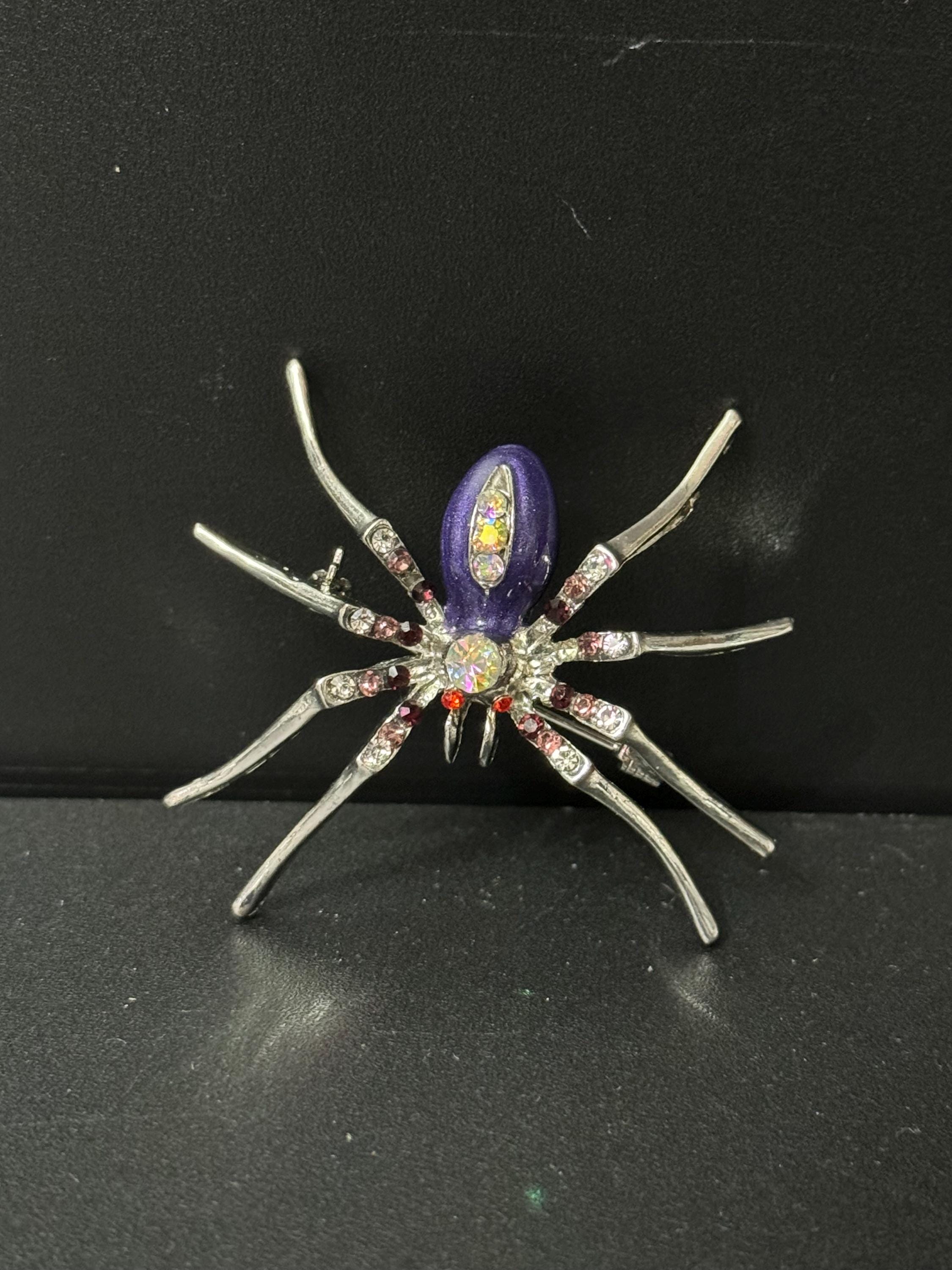 vintage silver tone spider brooch set with AB  diamanté rhinestones