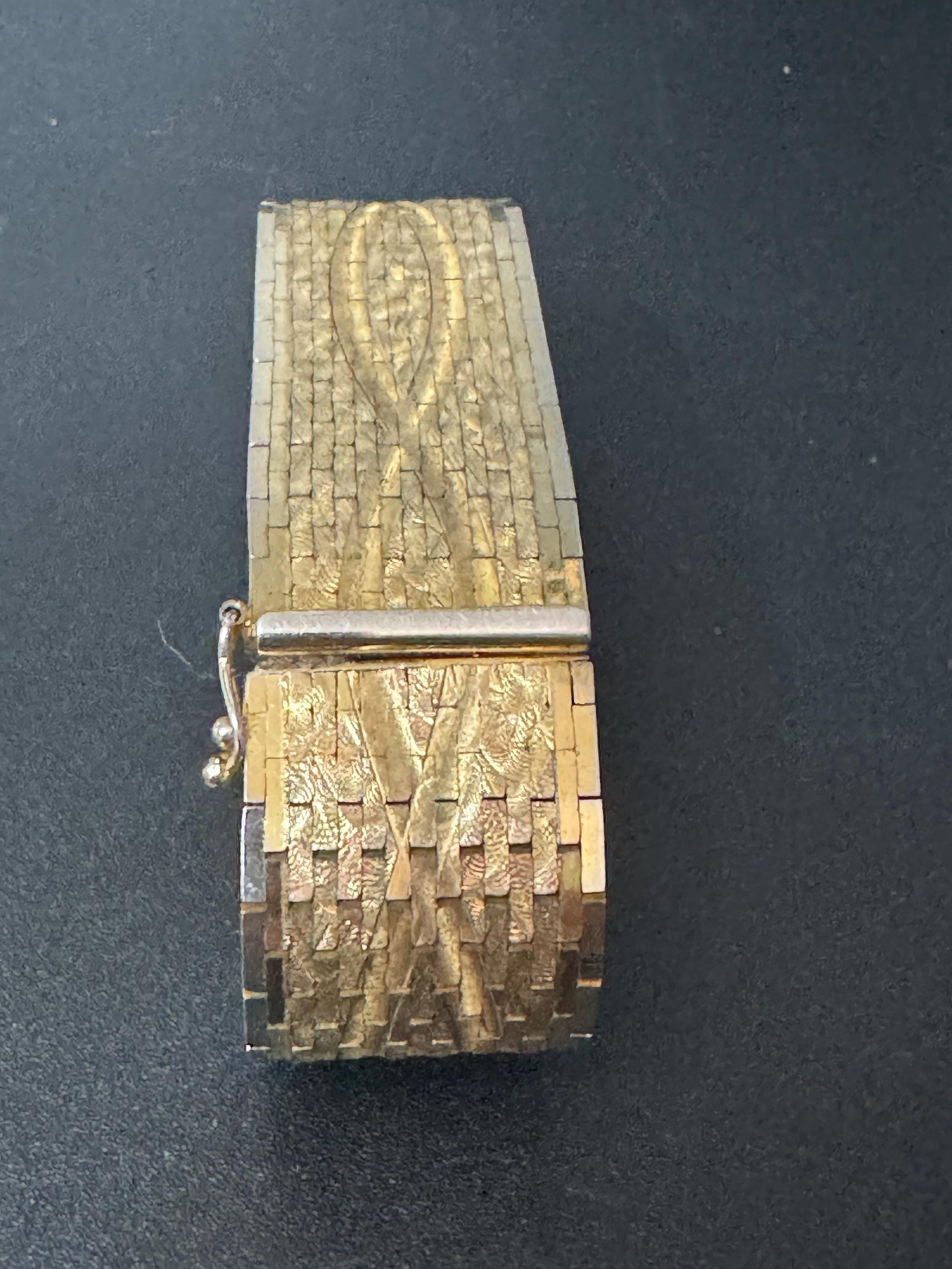 1970s articulated flat stamped Italy plaque gold plated cuff wrap bracelet 19.5cm long x 3cm Italian good condition