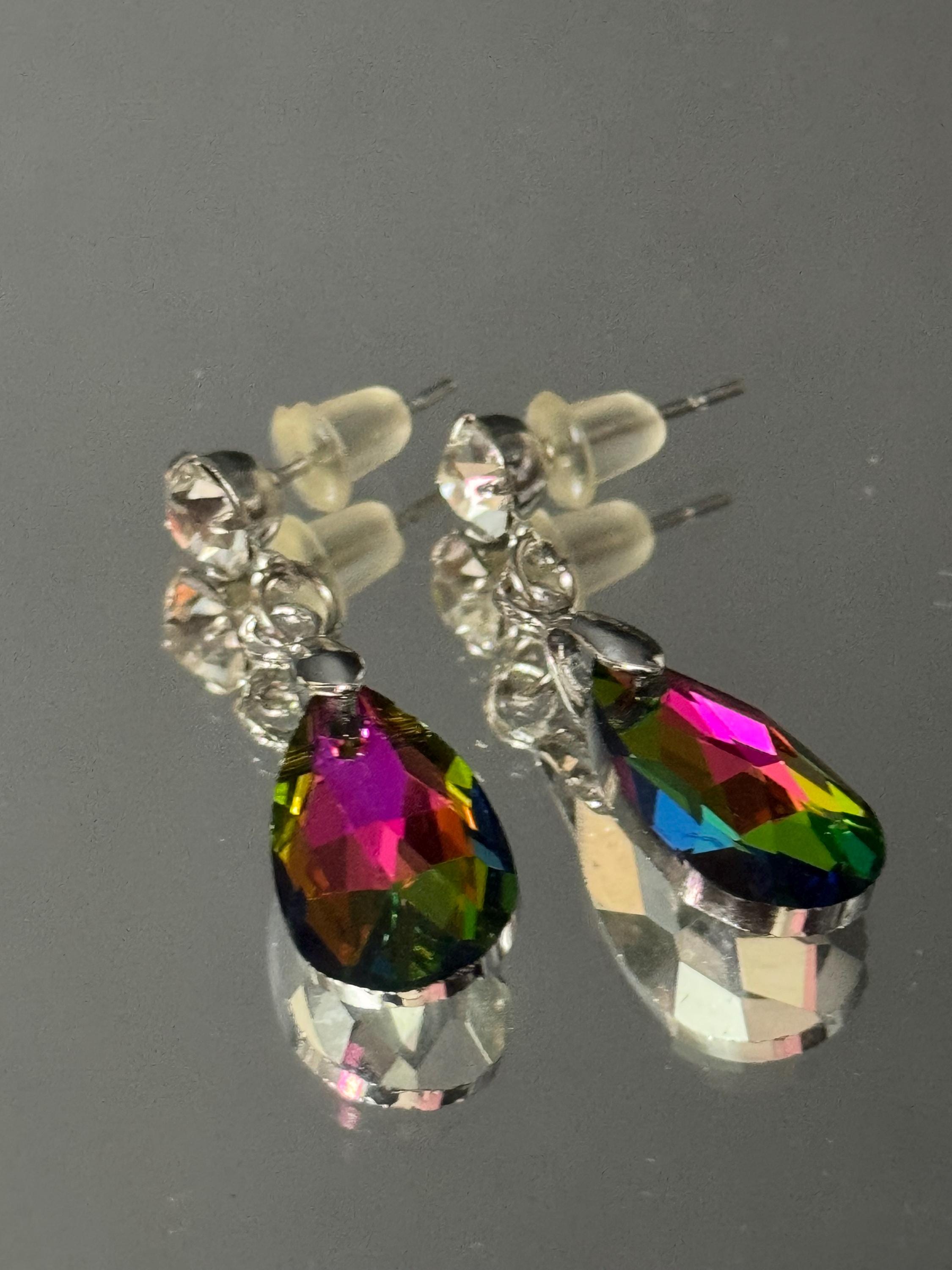 watermelon pink green glass Coloured Crystal diamanté teardrop dangly earrings retro unused shop stock pierced stainless steel