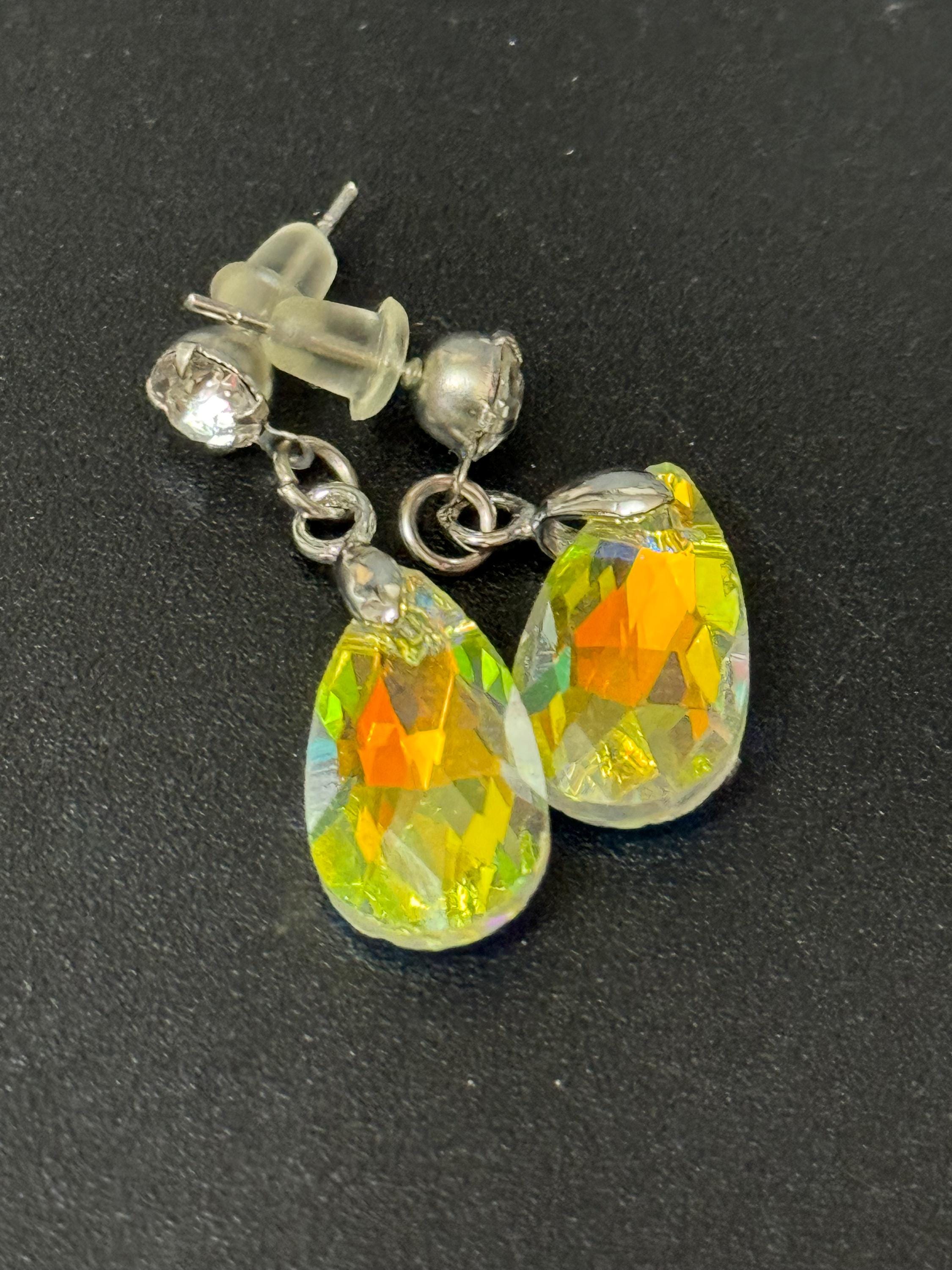 Yellow glass Coloured Crystal diamanté teardrop dangly earrings retro unused shop stock pierced stainless steel