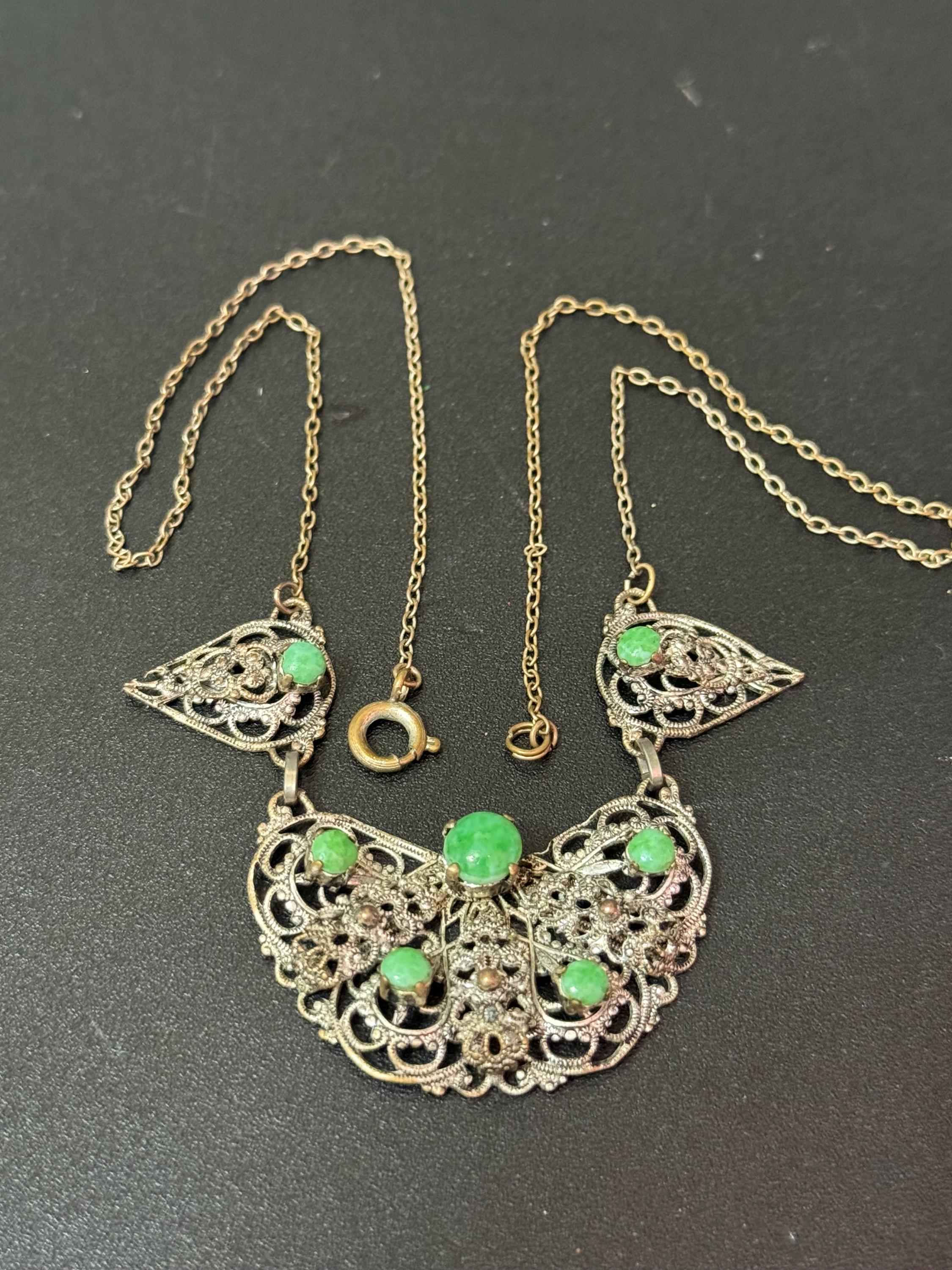 Art Deco czech necklace with green stones silver tone metal filigree