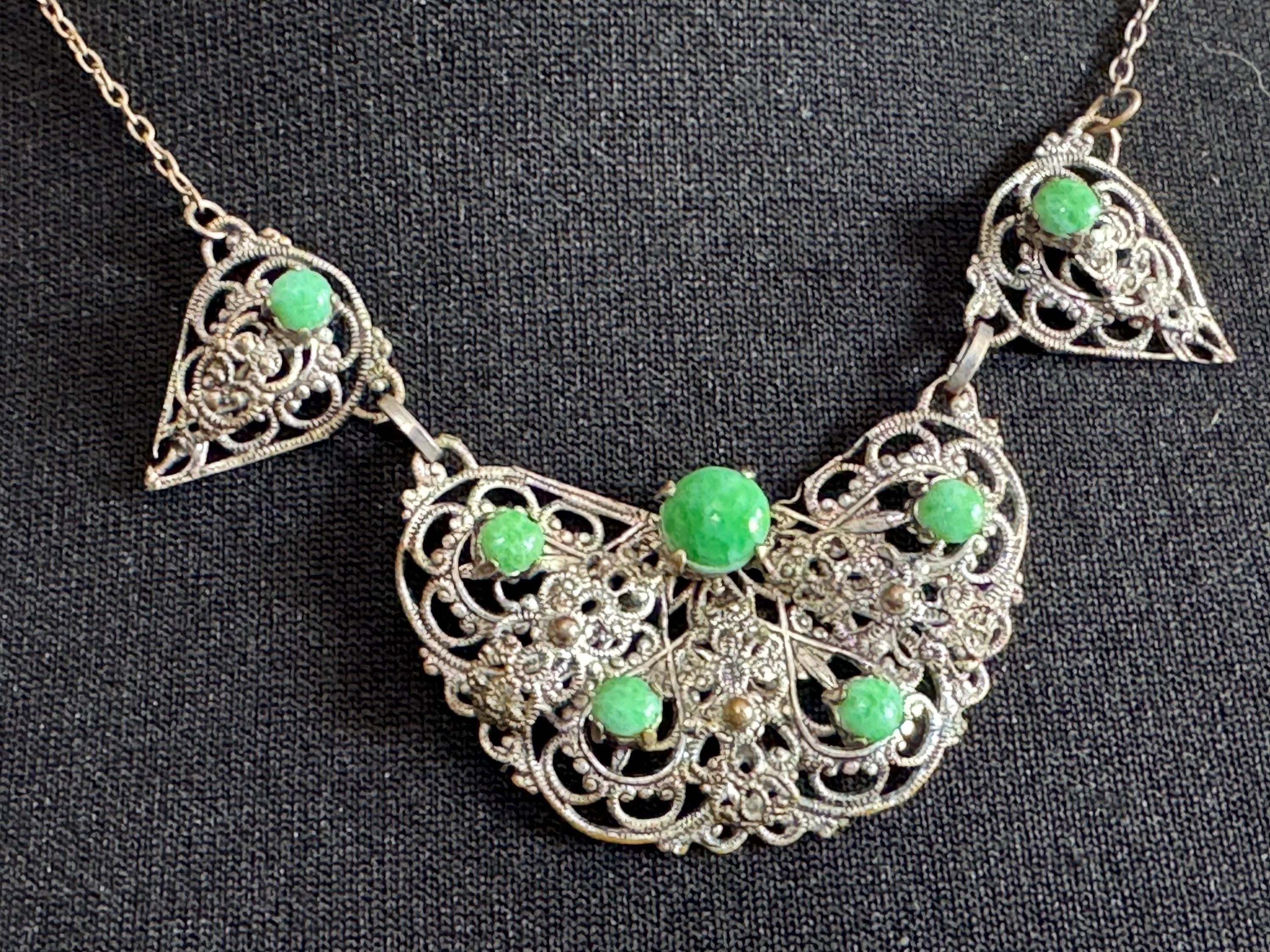 Art Deco czech necklace with green stones silver tone metal filigree