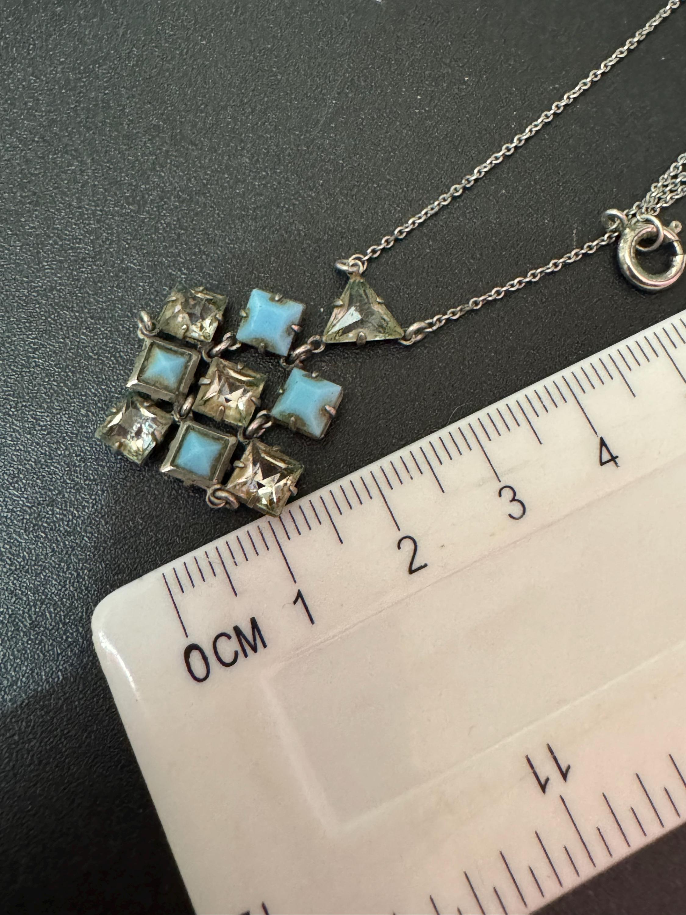 Art Deco Czech Open Back crystal turquoise blue and clear geometric square pendant drop necklace