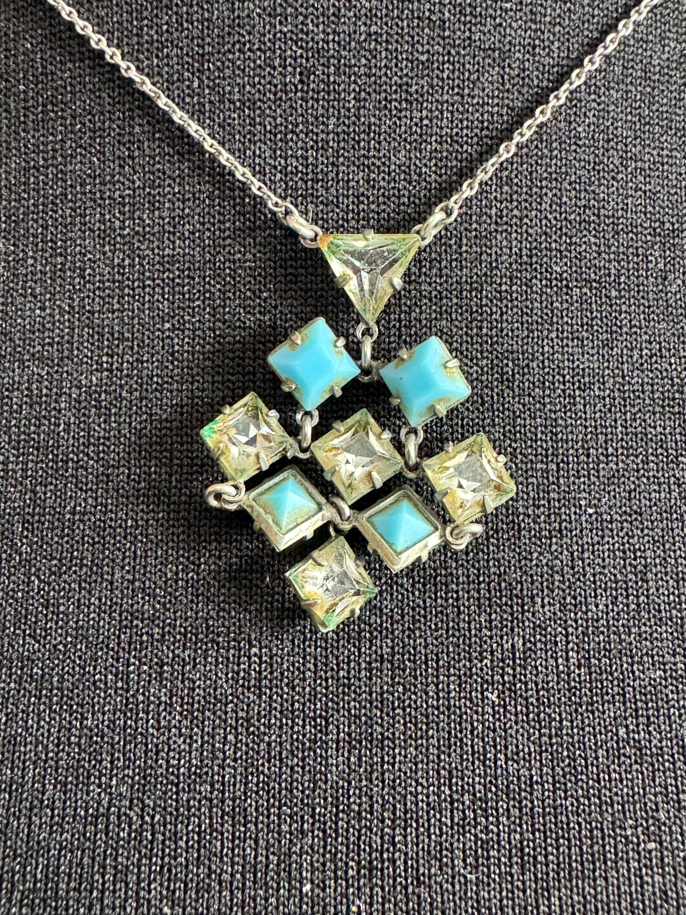 Art Deco Czech Open Back crystal turquoise blue and clear geometric square pendant drop necklace