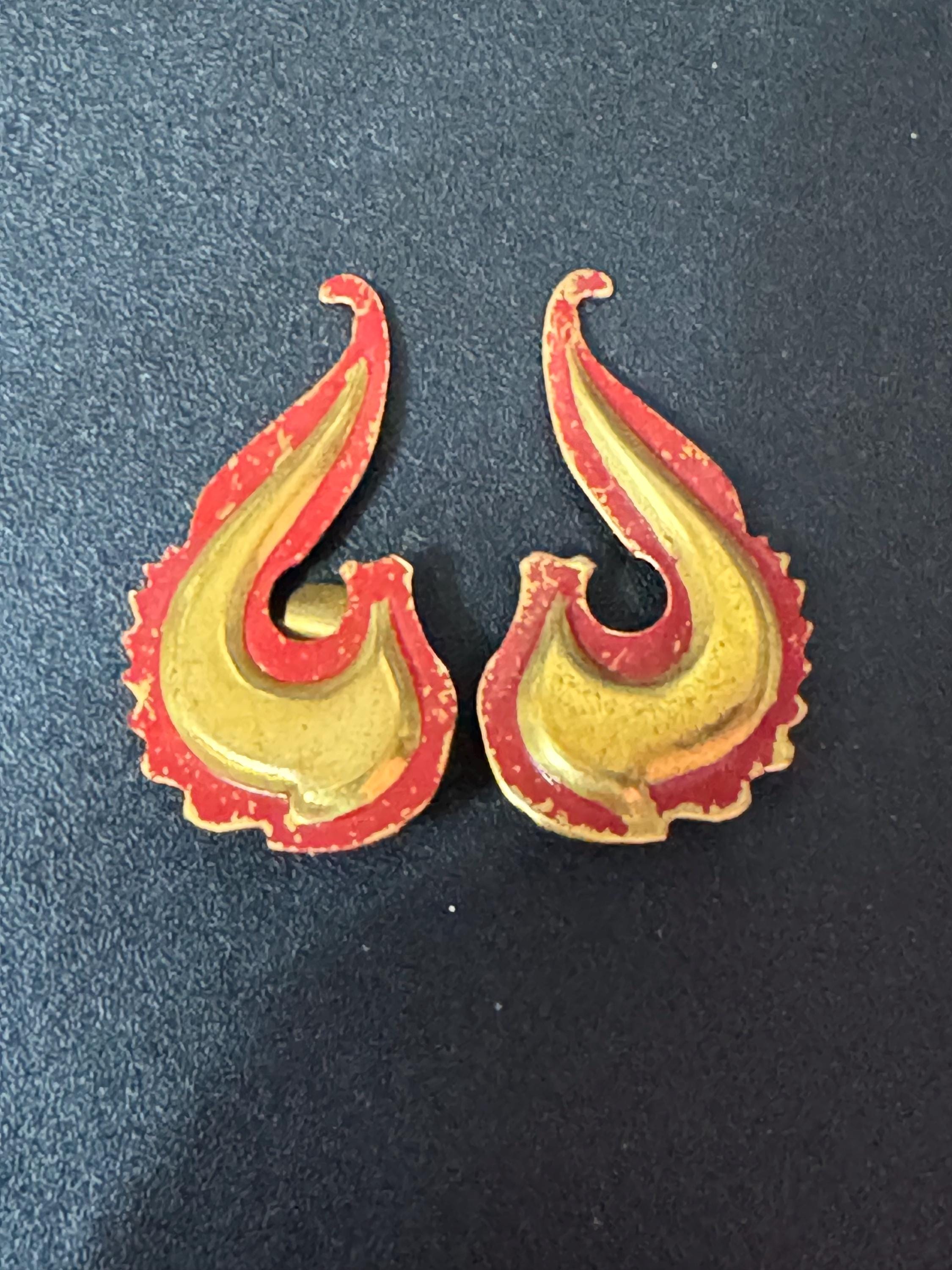 Antique Art Deco 1920s brass and red enamel clip on earrings paisley design