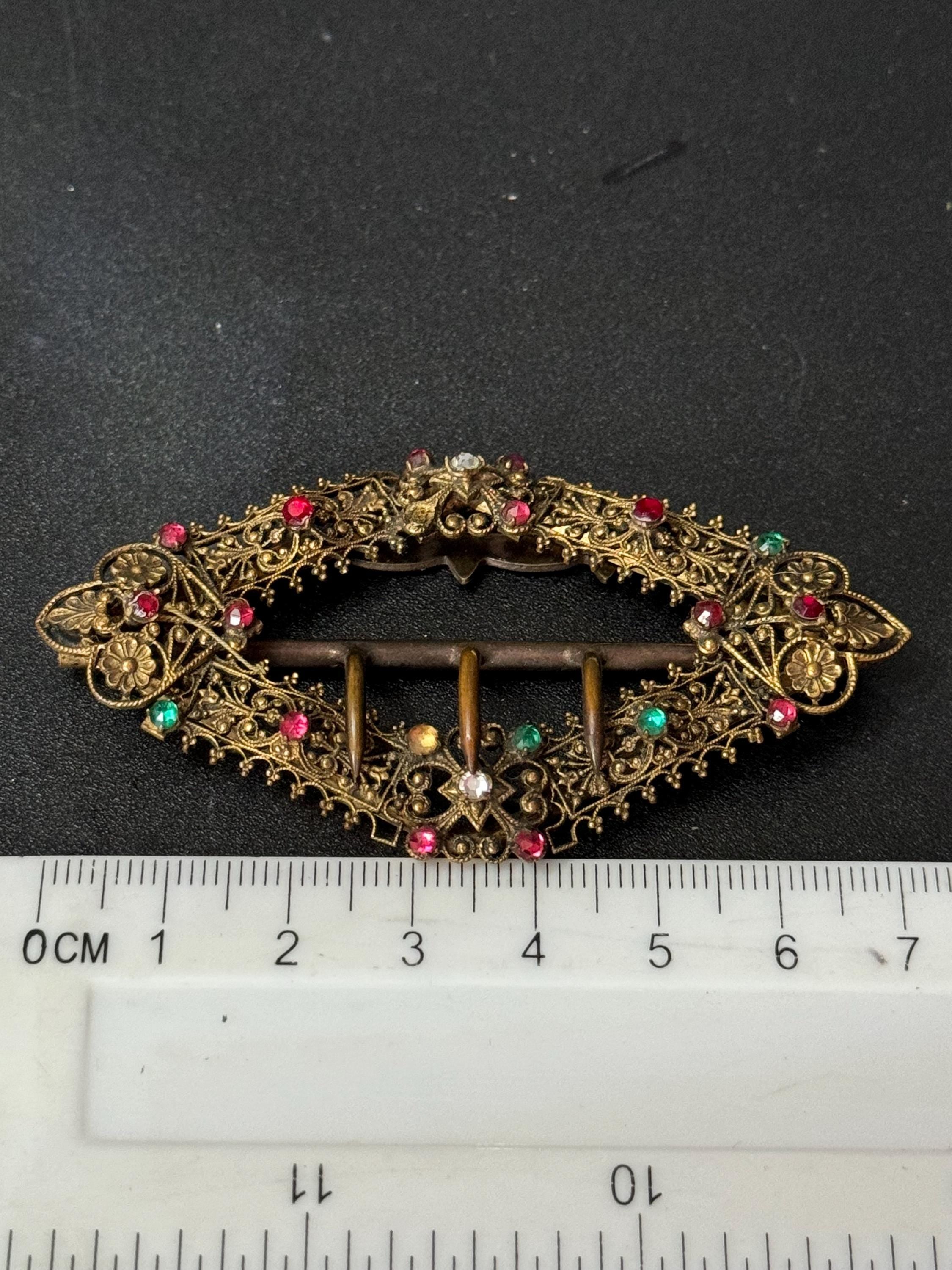 Antique Crystal rainbow Paste diamanté brass filigree Czech belt buckle 1920s