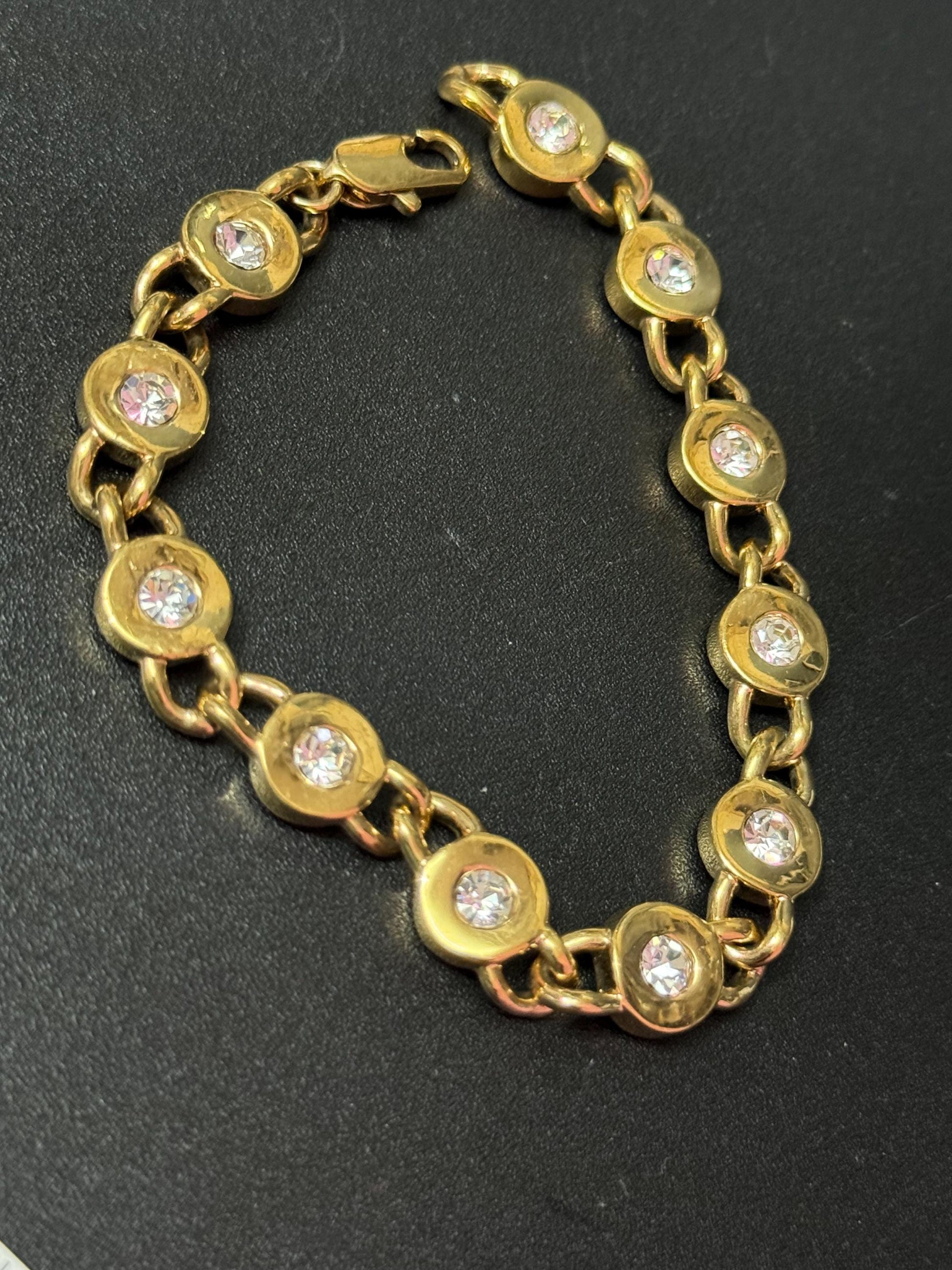 Vintage clear diamanté Crystal bezel set gold plated tennis bracelet