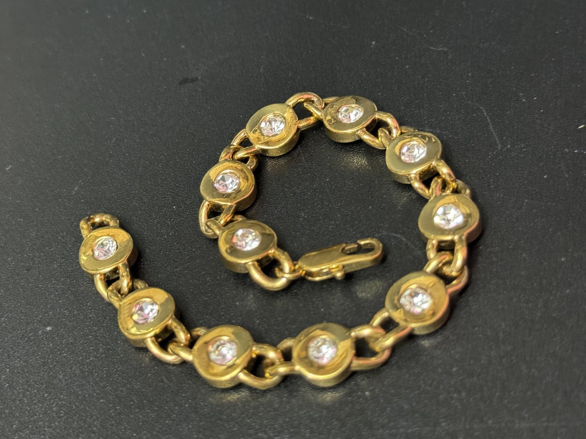 Vintage clear diamanté Crystal bezel set gold plated tennis bracelet