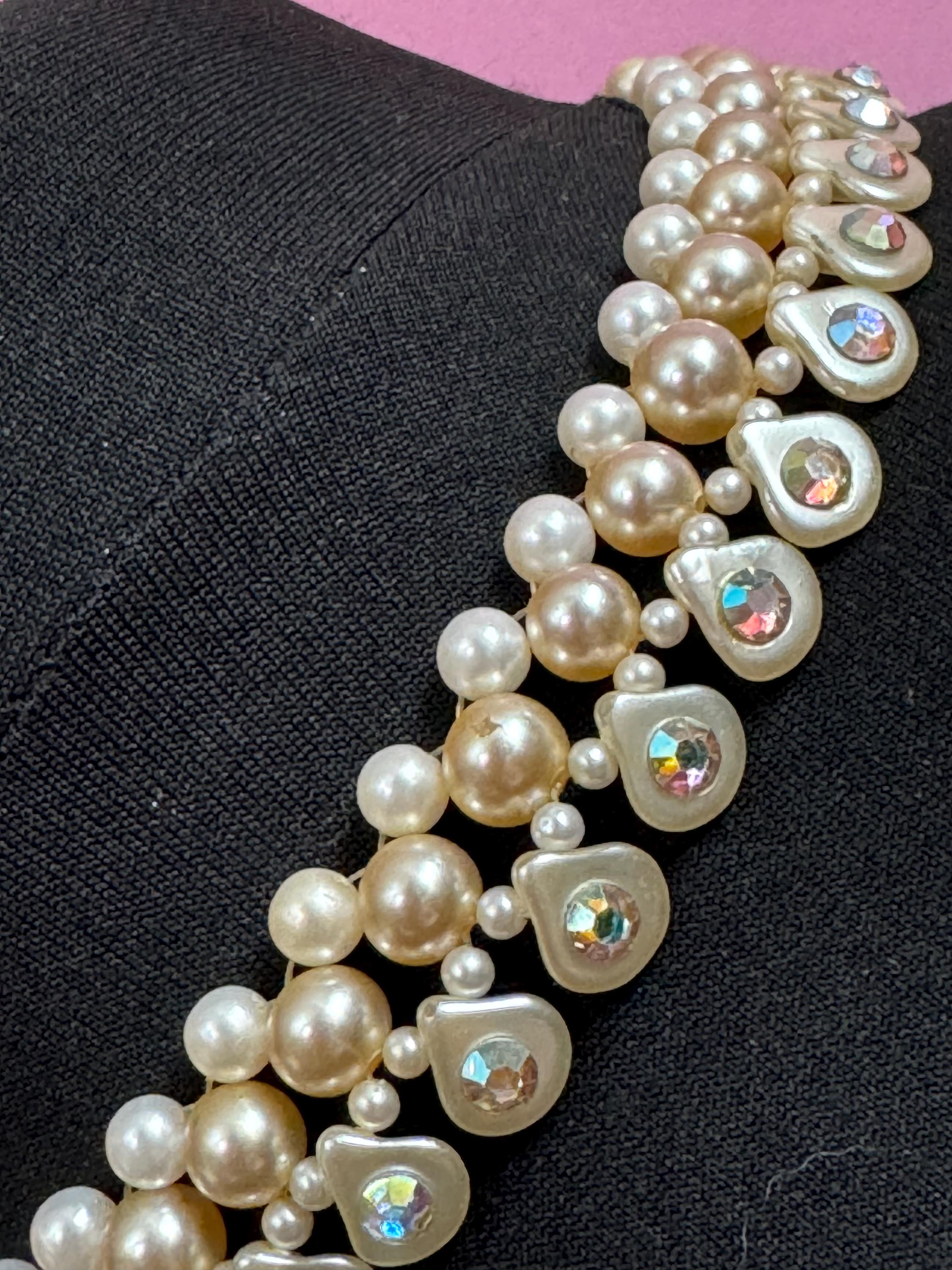 Vintage faux white glass round pearl woven ab diamanté choker collar necklace