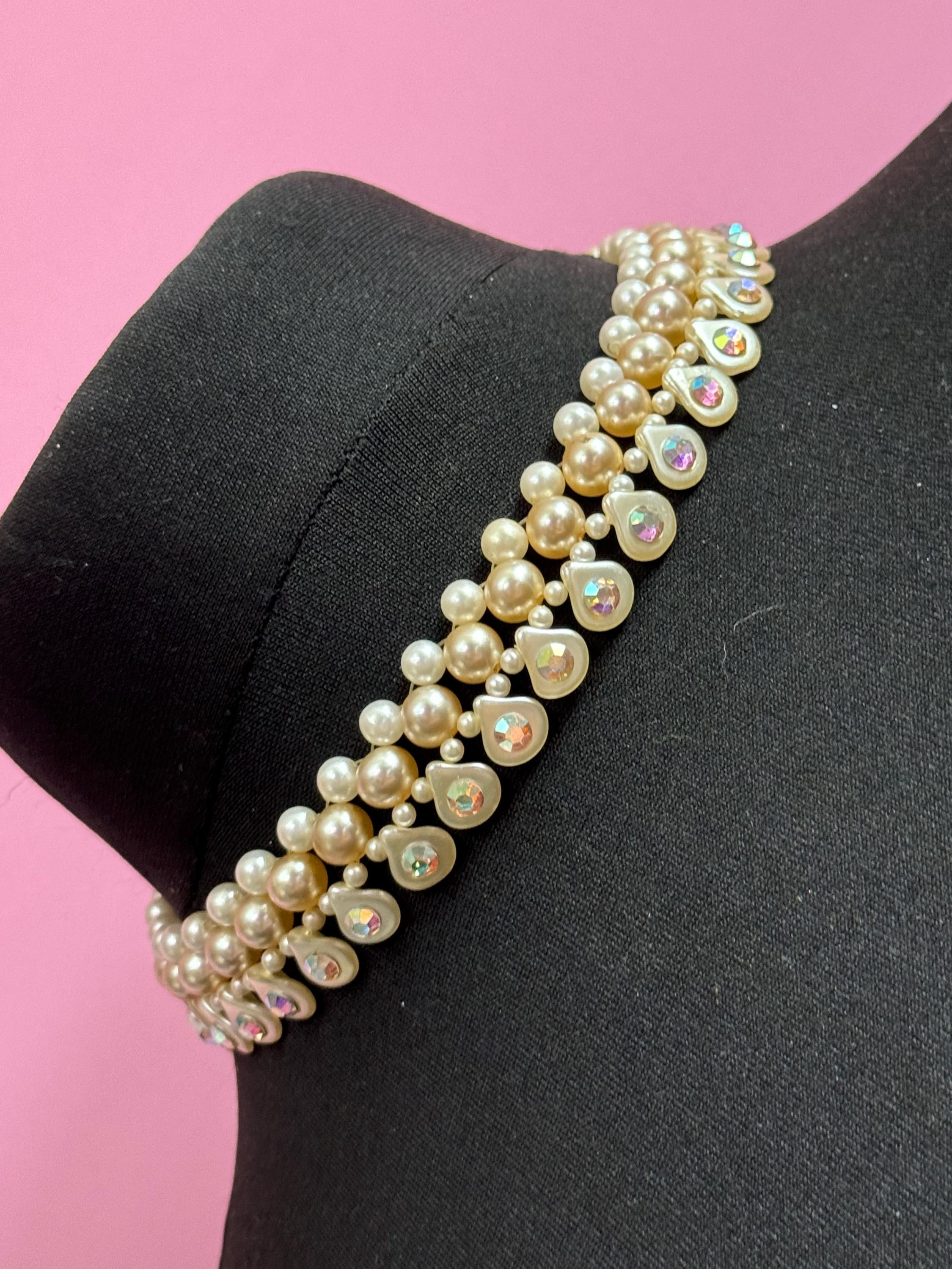 Vintage faux white glass round pearl woven ab diamanté choker collar necklace