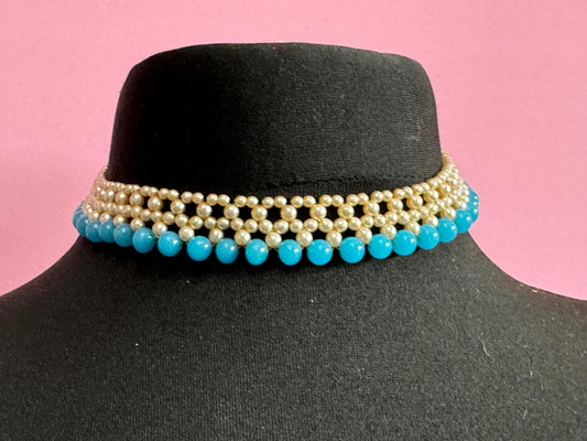 Petite neck 38cm Vintage faux cream glass round pearl woven turquoise beaded choker collar necklace