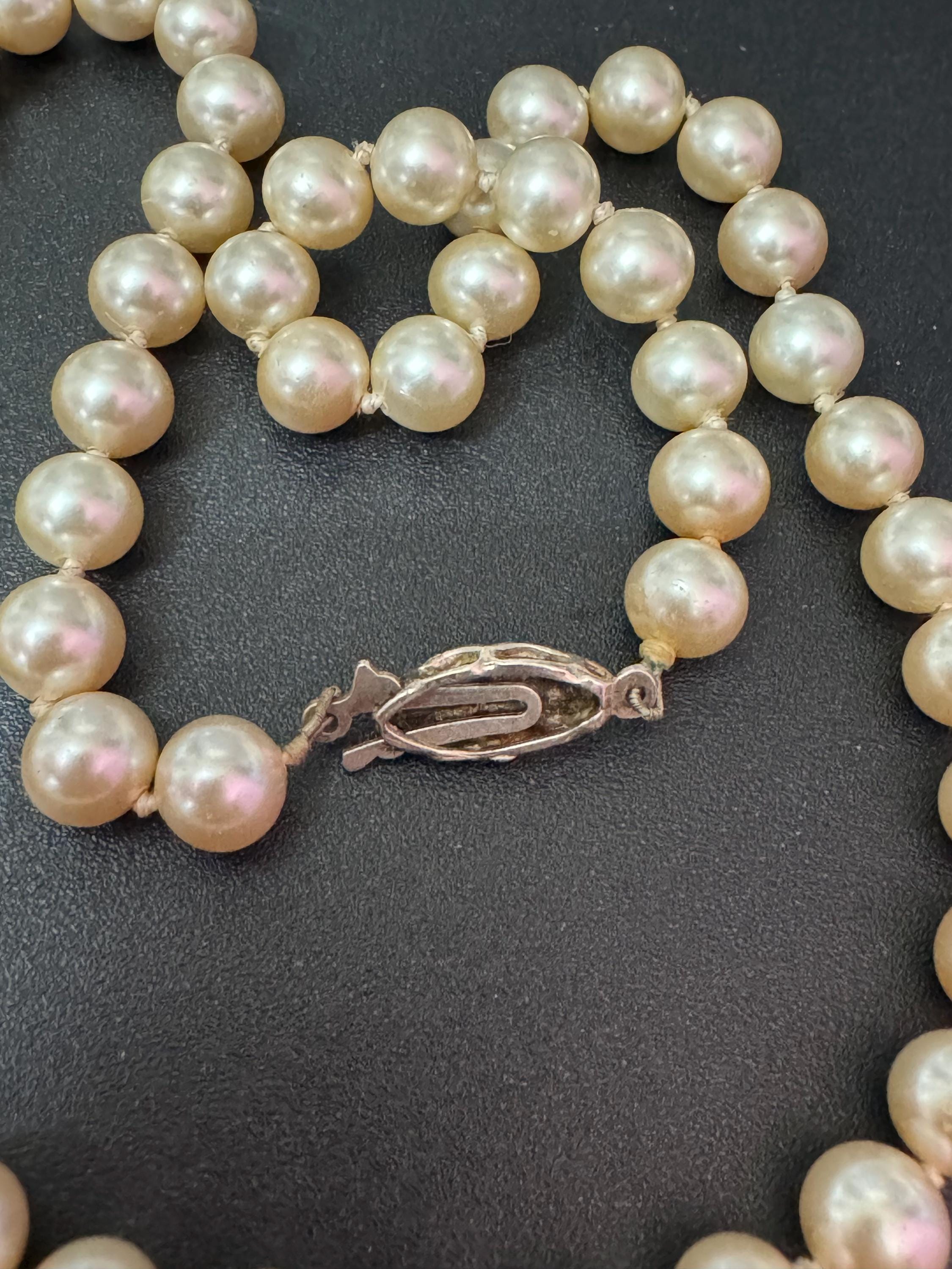 vintage single strand cream glass pearl necklace with ornate 925 sterling silver clasp 44cm