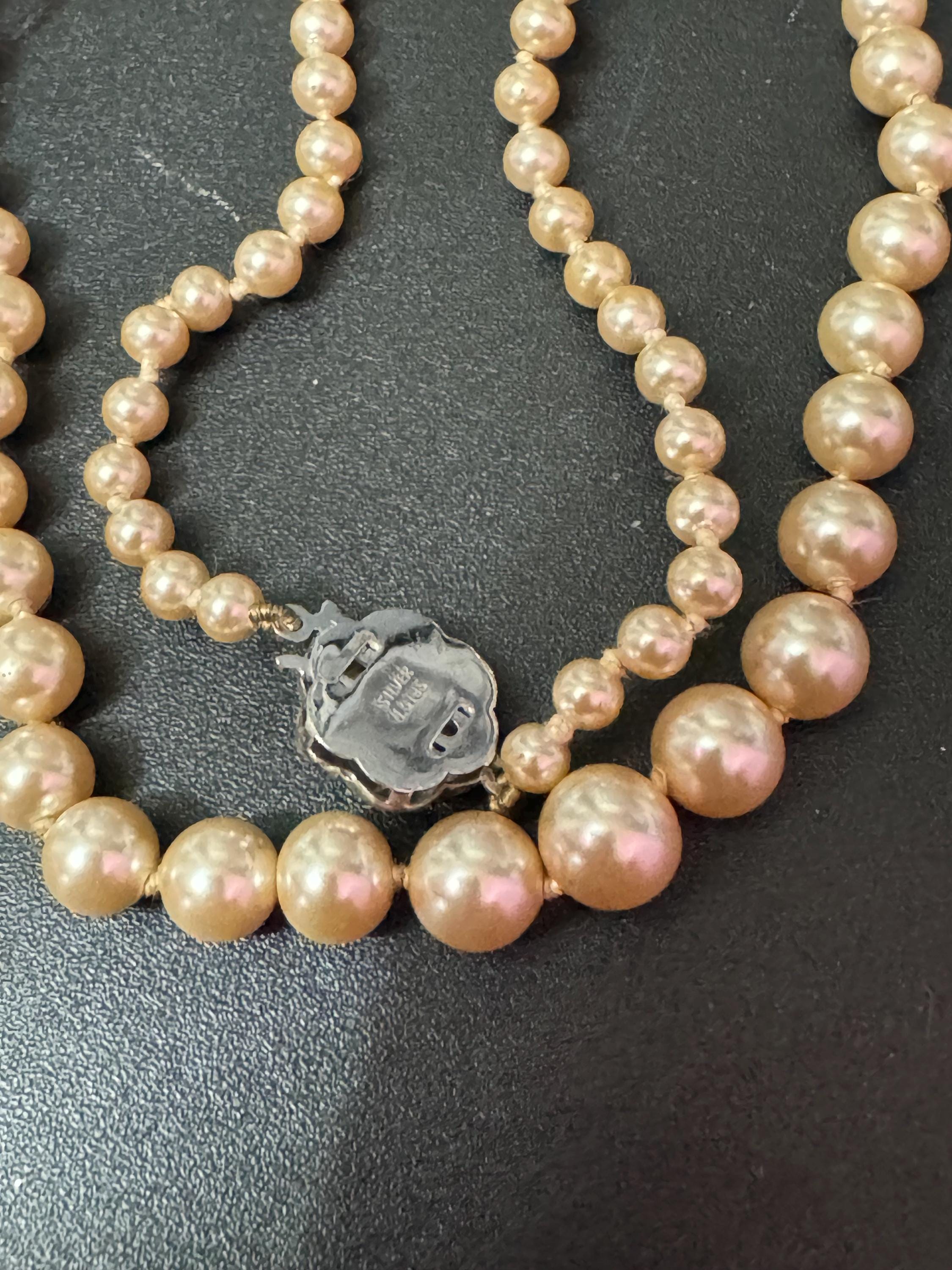 Signed lotus oyster cream glass pearl long beaded necklace on 925 silver clasp 43cm knotted