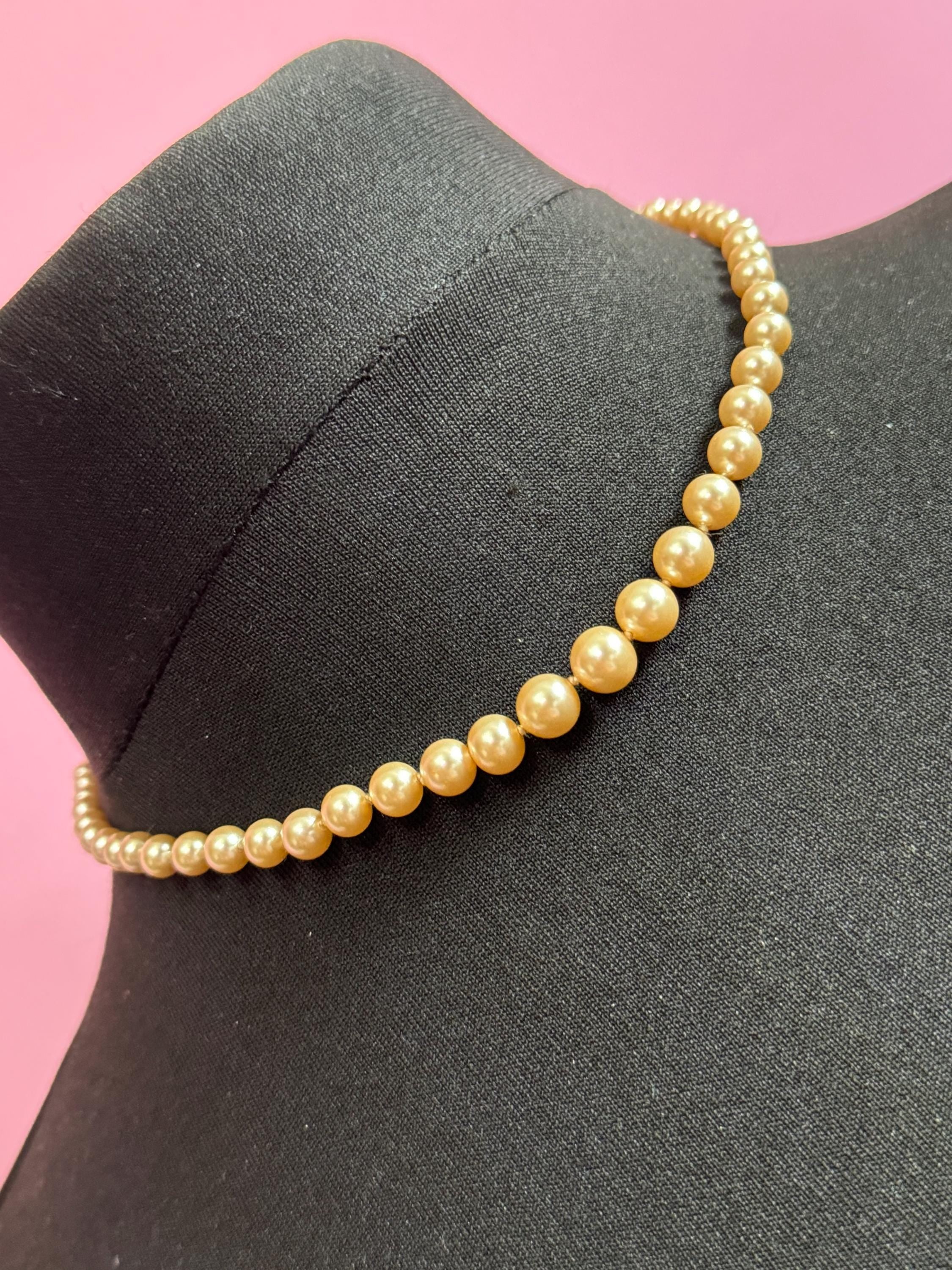 Signed lotus oyster cream glass pearl long beaded necklace on 925 silver clasp 43cm knotted