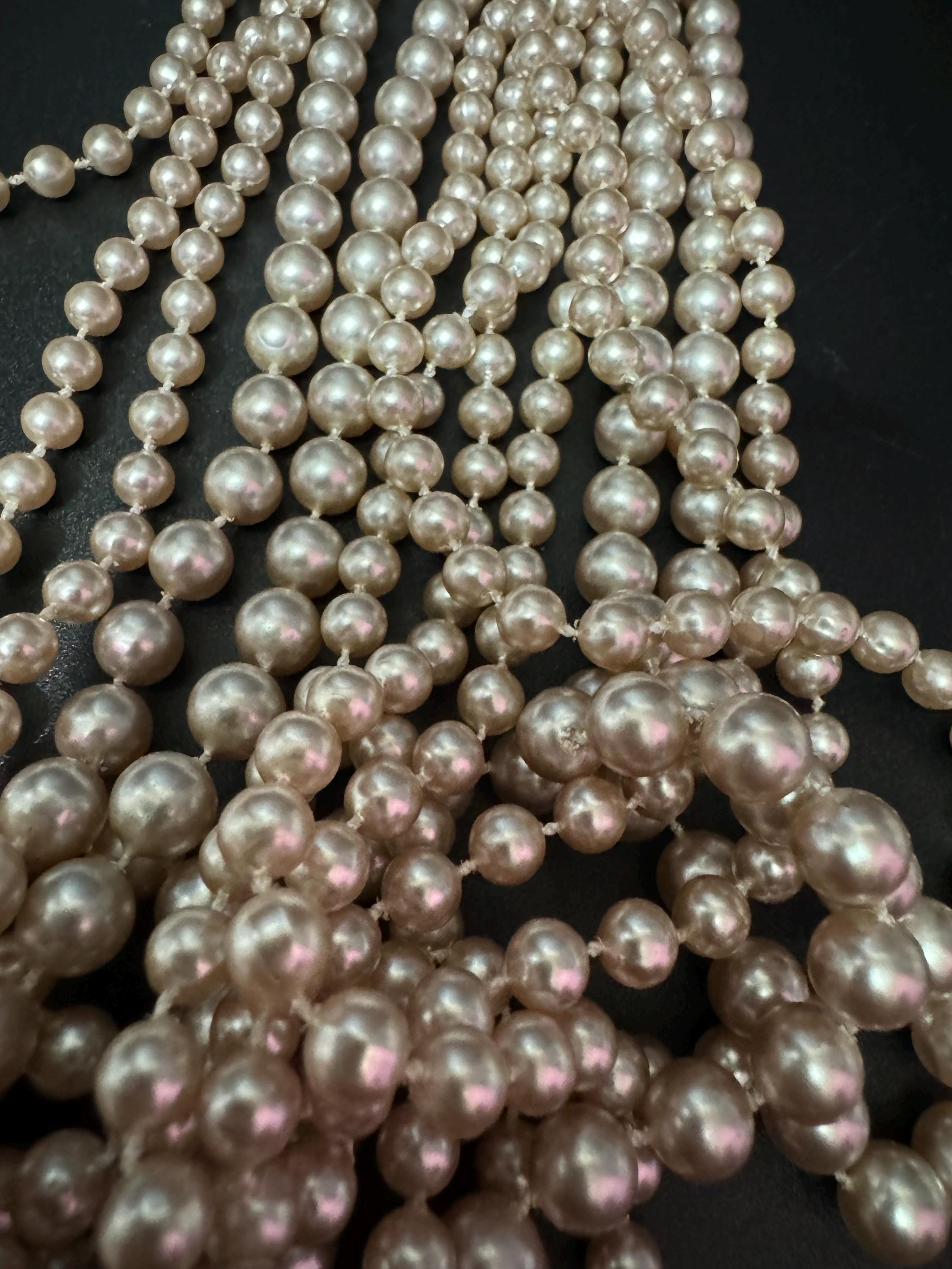 retro statement Ivory cream plastic beaded Pearl multi strand waterfall necklace with silver tone clasp showstopper