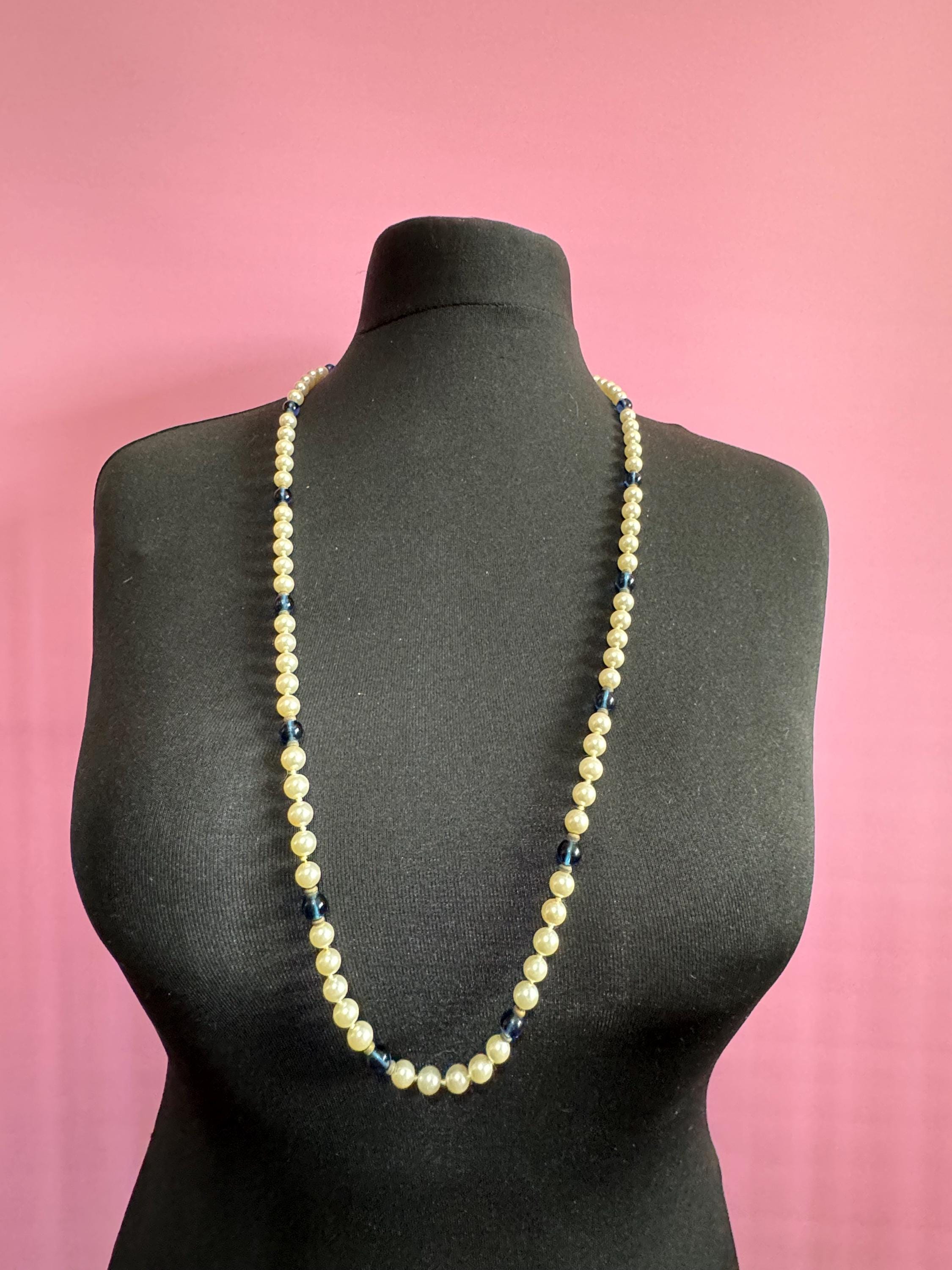 long length Vintage long cream glass knotted pearl necklace with blue glass beads concealed clasp 92cm