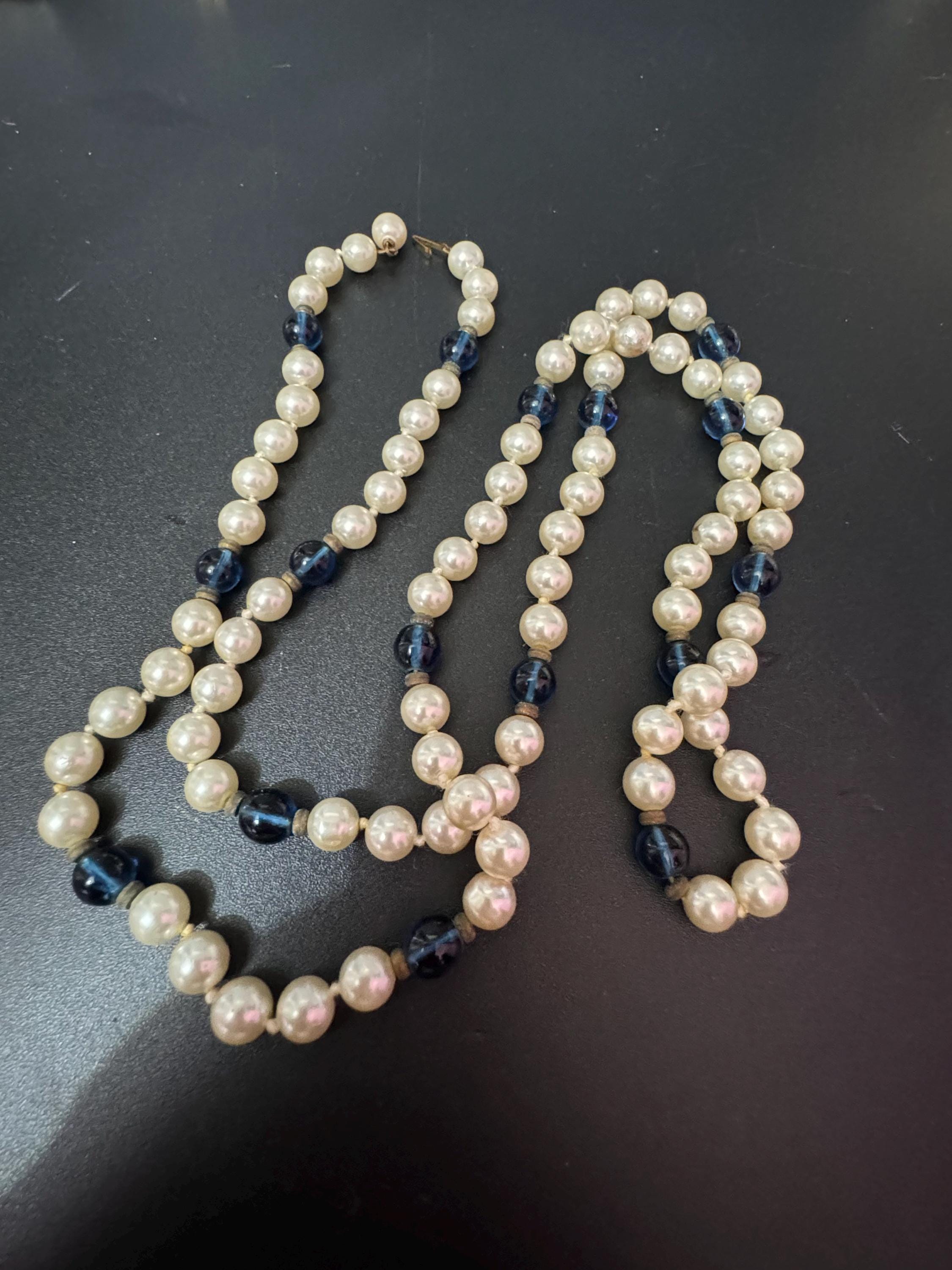 long length Vintage long cream glass knotted pearl necklace with blue glass beads concealed clasp 92cm