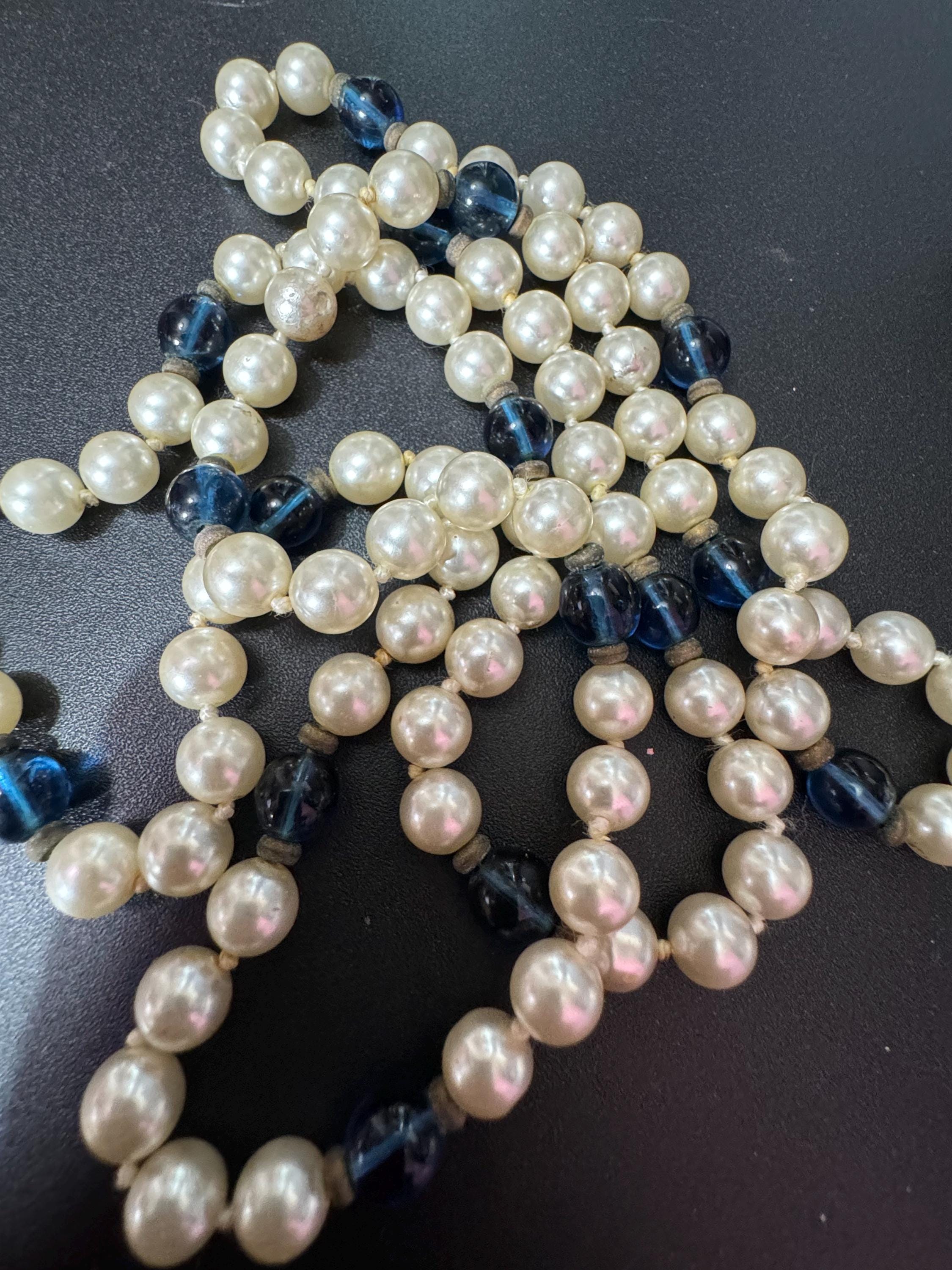 long length Vintage long cream glass knotted pearl necklace with blue glass beads concealed clasp 92cm