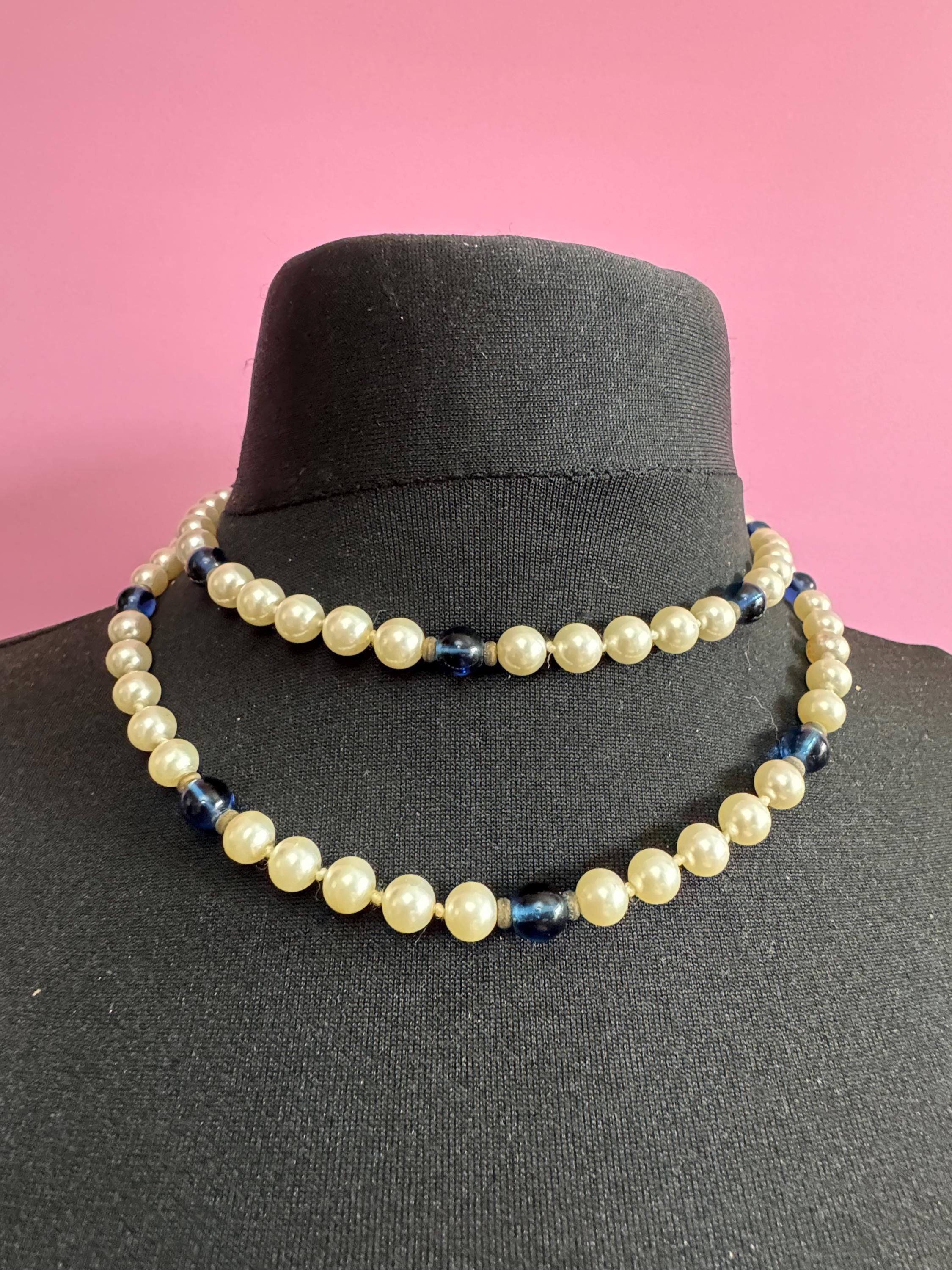 long length Vintage long cream glass knotted pearl necklace with blue glass beads concealed clasp 92cm