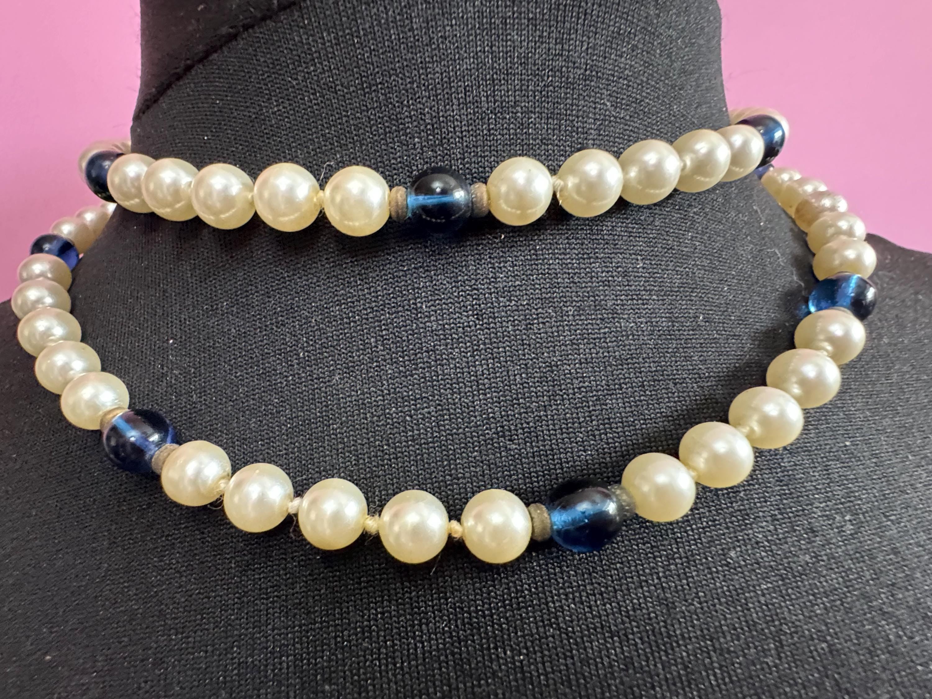 long length Vintage long cream glass knotted pearl necklace with blue glass beads concealed clasp 92cm