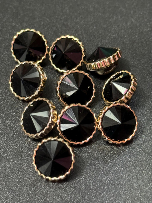 Pack 10 12mm Black Rivoli diamond acrylic Crystal plastic buttons gold tone