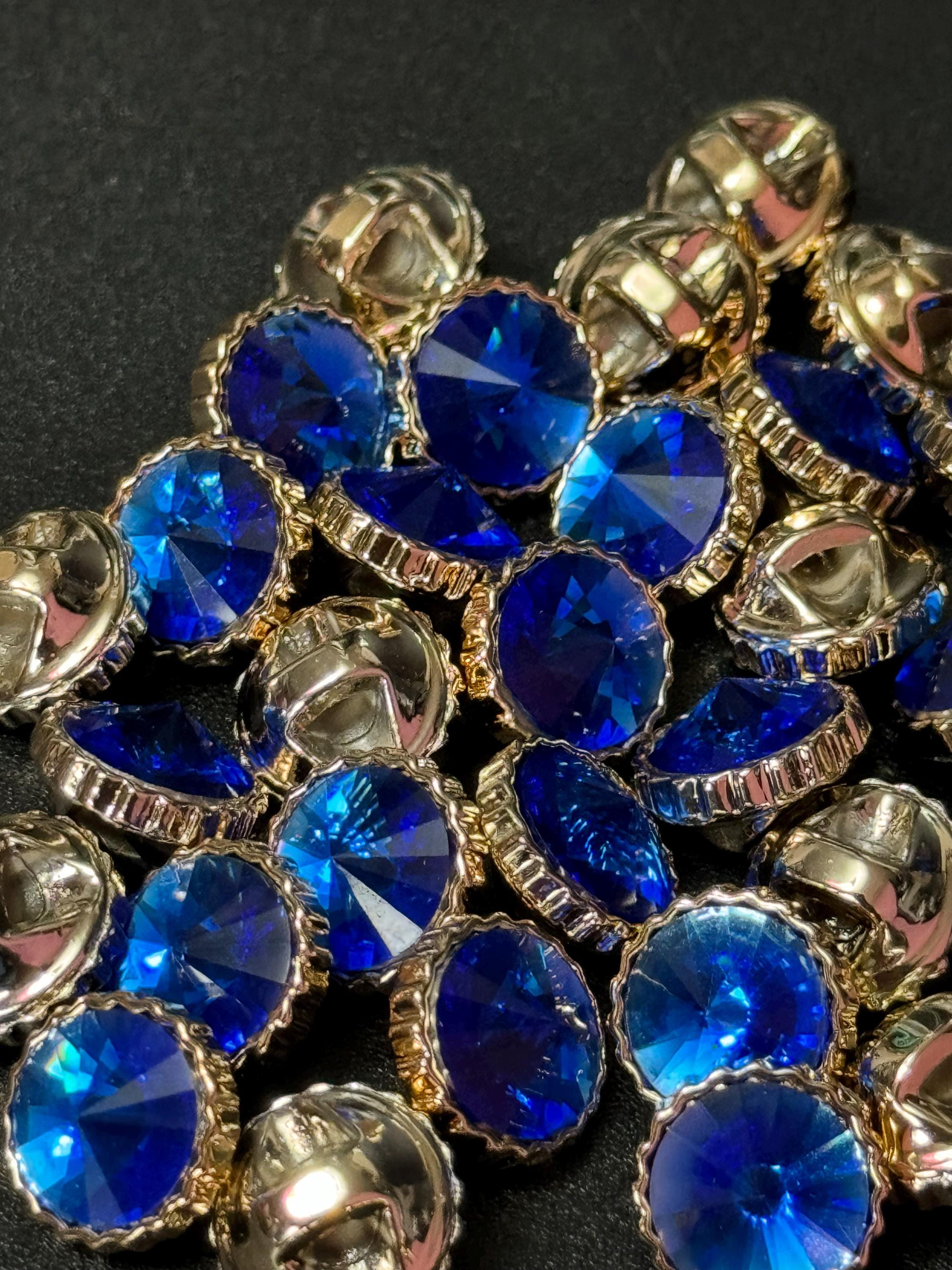 Pack 10 12mm Sapphire Blue Rivoli diamond acrylic Crystal plastic buttons gold tone