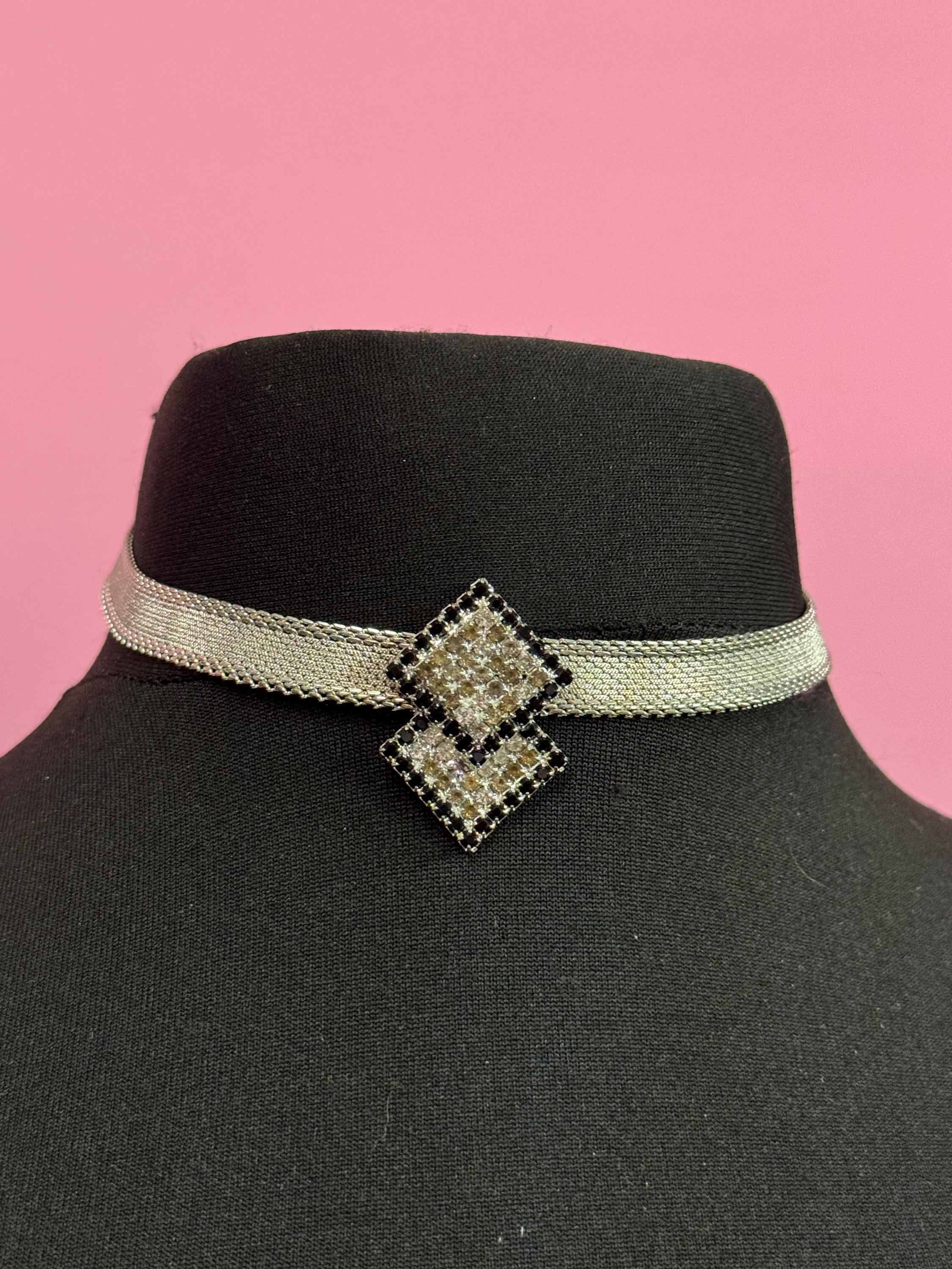 Vintage silver mesh black and clear rhinestone diamanté choker necklace