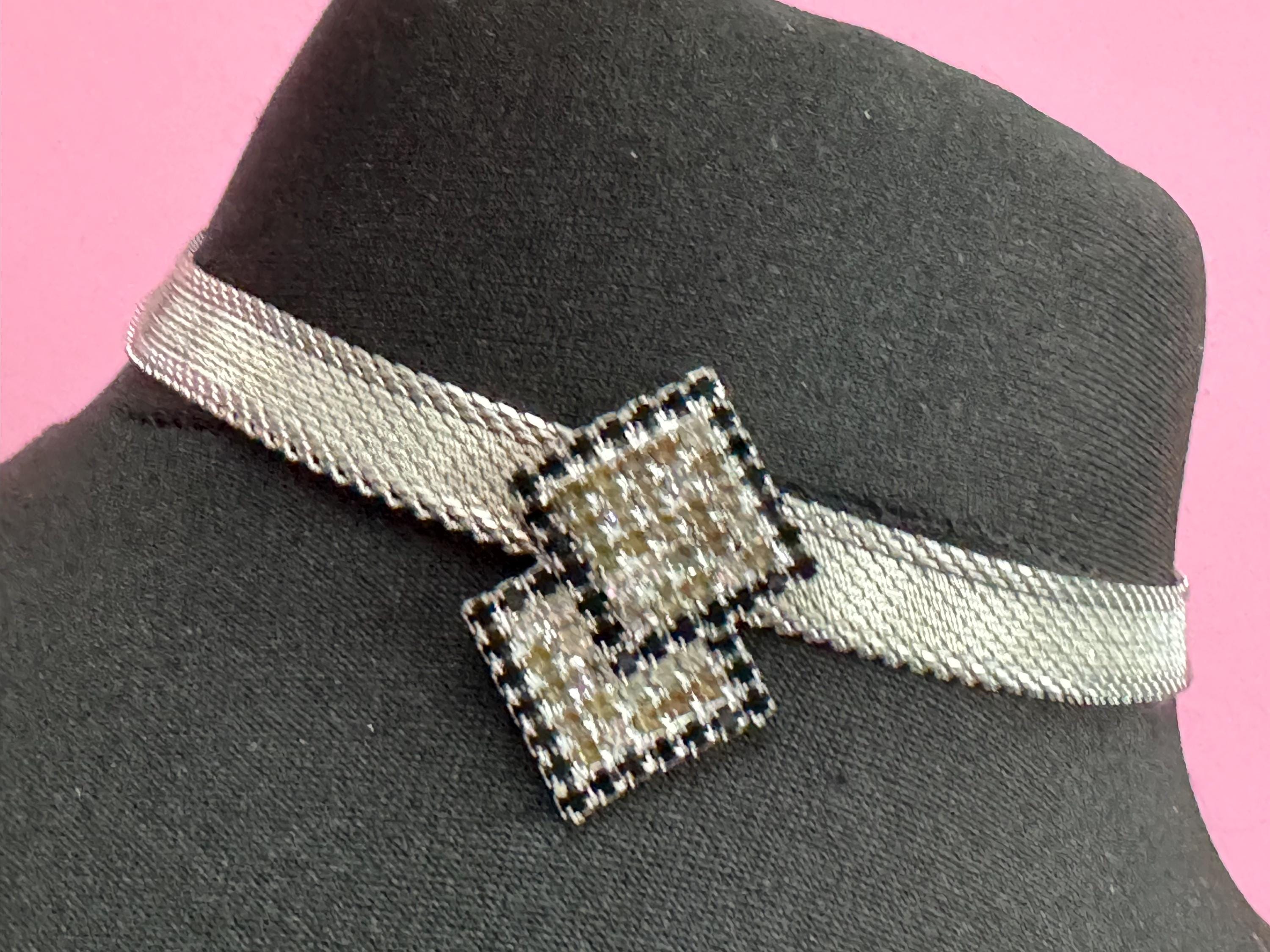 Vintage silver mesh black and clear rhinestone diamanté choker necklace