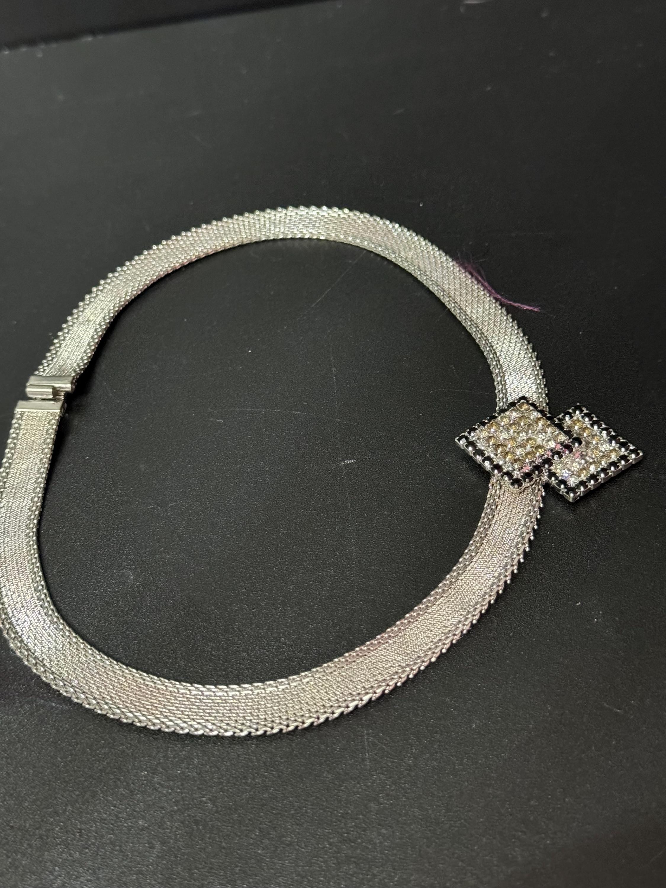 Vintage silver mesh black and clear rhinestone diamanté choker necklace