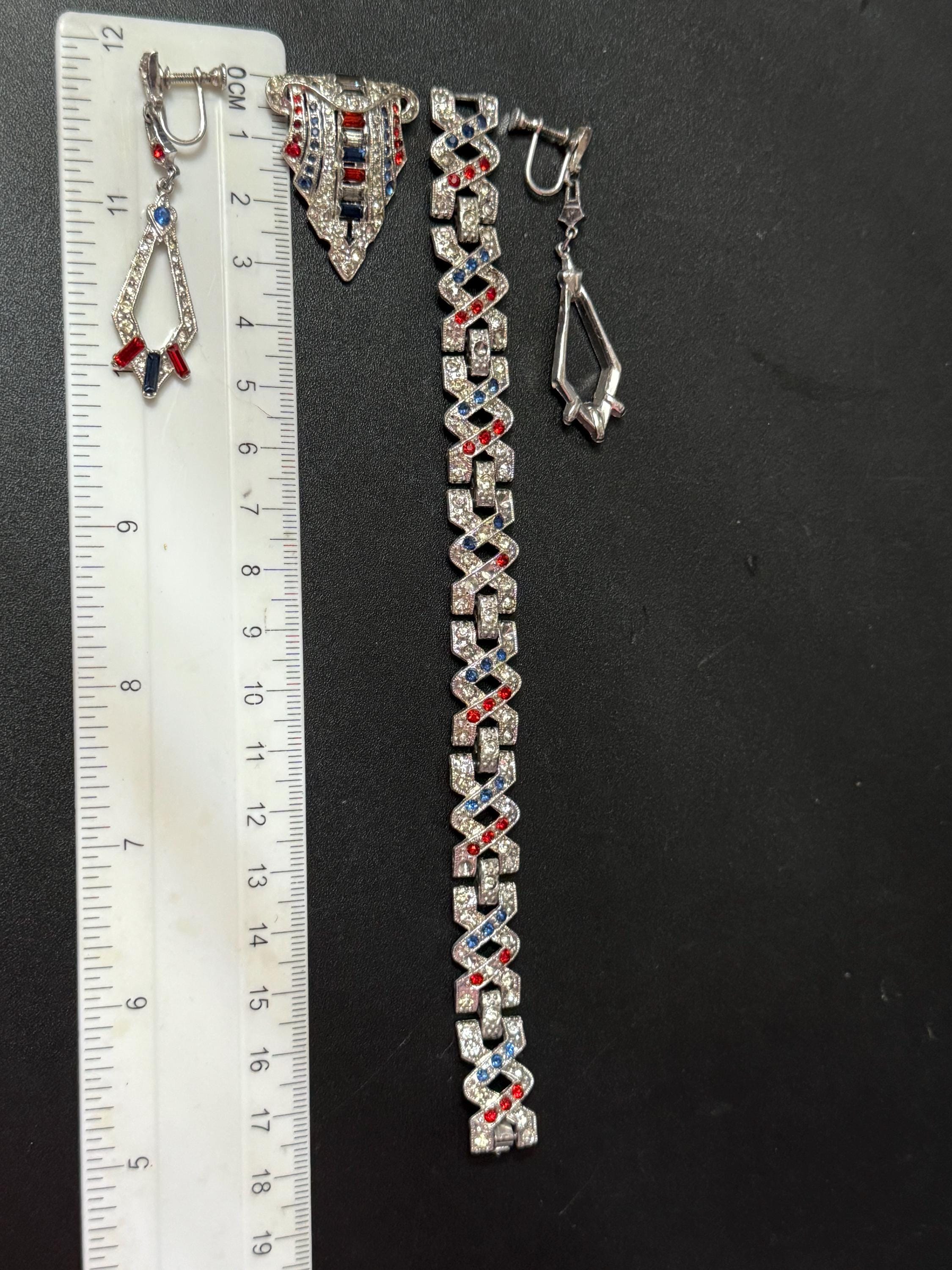 Vintage silver tone red white and blue rhinestone bracelet earring and dress clip set paste diamantés patriotic